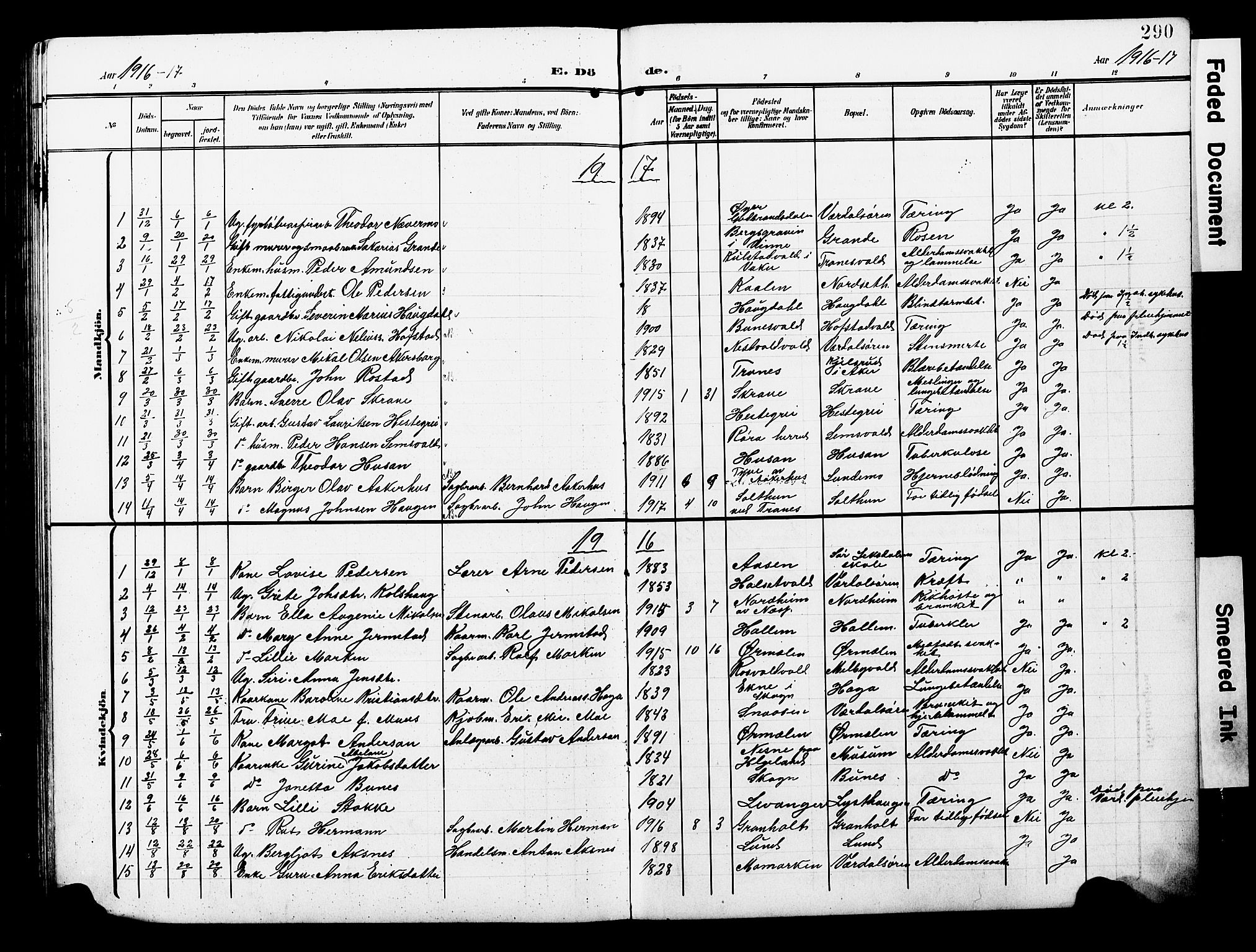 Ministerialprotokoller, klokkerbøker og fødselsregistre - Nord-Trøndelag, SAT/A-1458/723/L0258: Parish register (copy) no. 723C06, 1908-1927, p. 290