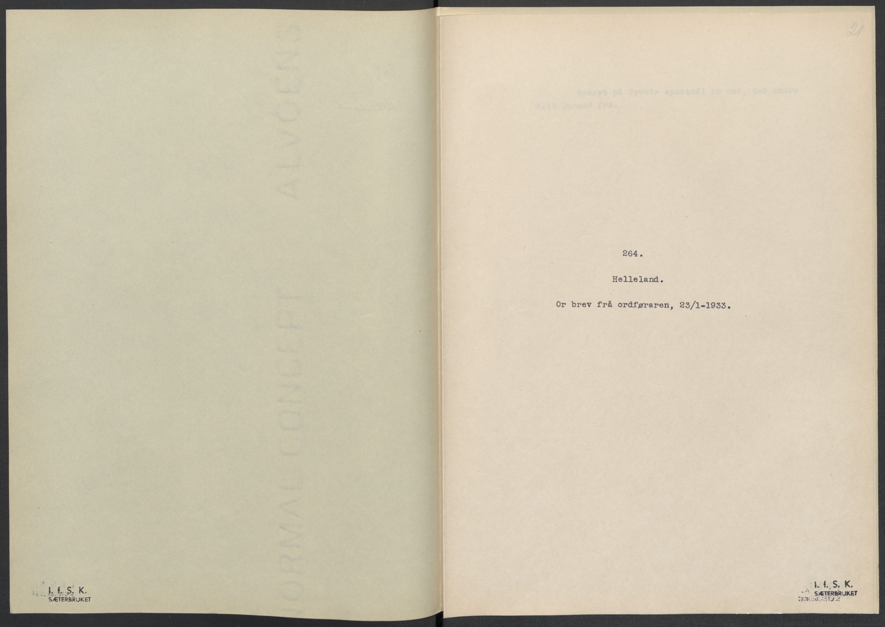 Instituttet for sammenlignende kulturforskning, RA/PA-0424/F/Fc/L0009/0001: Eske B9: / Rogaland (perm XXII), 1932-1935, p. 21