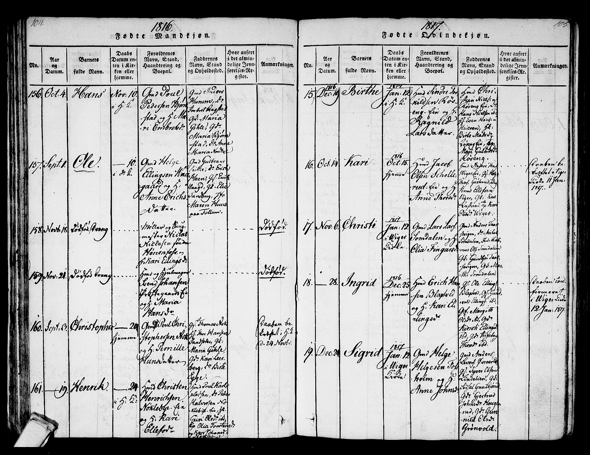 Norderhov kirkebøker, SAKO/A-237/F/Fa/L0008: Parish register (official) no. 8, 1814-1833, p. 104-105