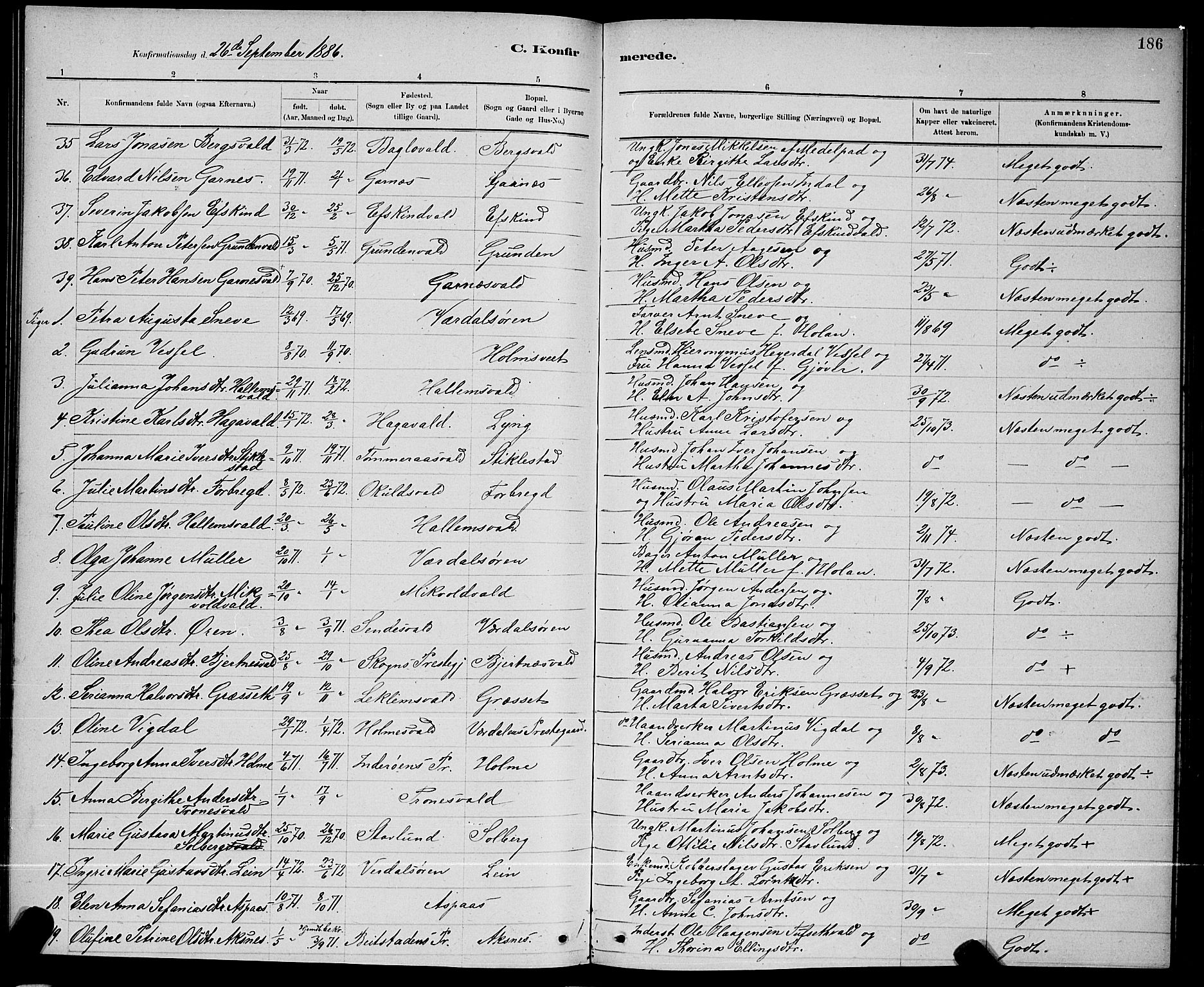 Ministerialprotokoller, klokkerbøker og fødselsregistre - Nord-Trøndelag, SAT/A-1458/723/L0256: Parish register (copy) no. 723C04, 1879-1890, p. 186