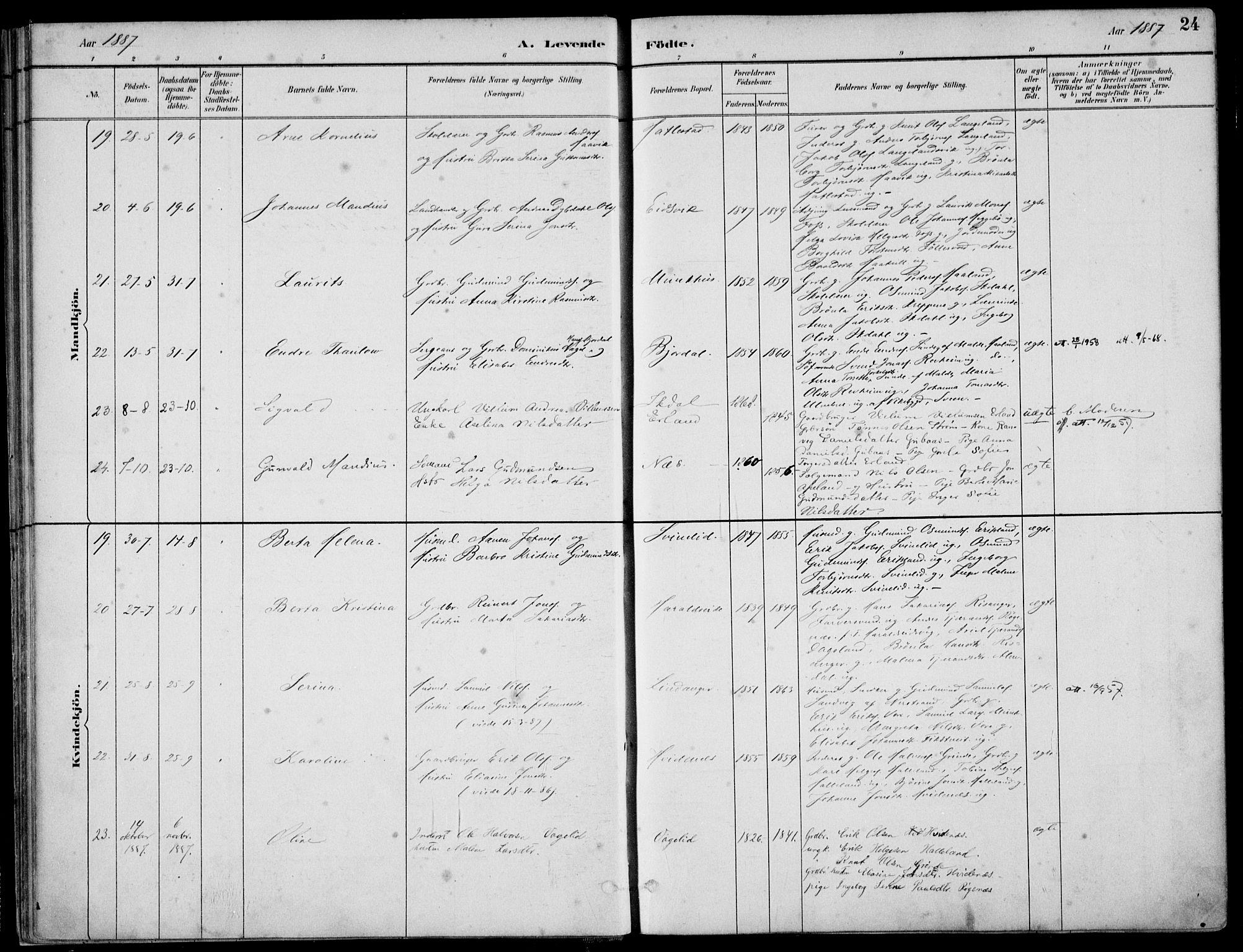 Skjold sokneprestkontor, AV/SAST-A-101847/H/Ha/Haa/L0010: Parish register (official) no. A 10, 1882-1897, p. 24