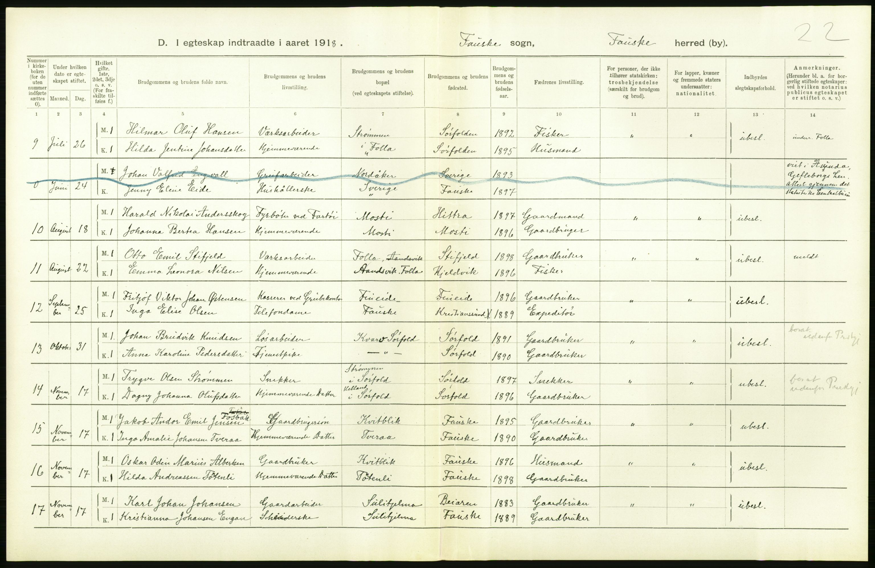 Statistisk sentralbyrå, Sosiodemografiske emner, Befolkning, AV/RA-S-2228/D/Df/Dfb/Dfbh/L0054: Nordland fylke: Gifte, dødfødte. Bygder og byer., 1918, p. 152