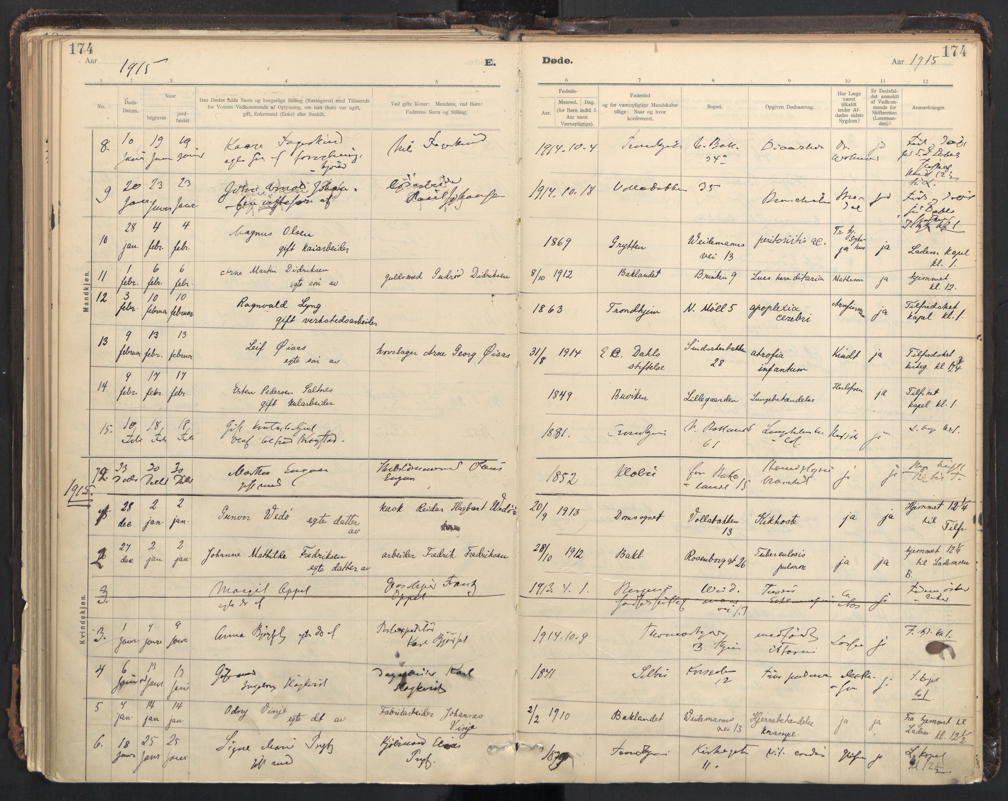 Ministerialprotokoller, klokkerbøker og fødselsregistre - Sør-Trøndelag, SAT/A-1456/604/L0204: Parish register (official) no. 604A24, 1911-1920, p. 174