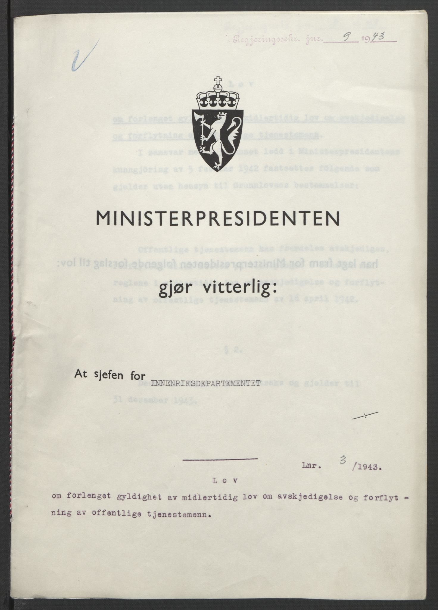 NS-administrasjonen 1940-1945 (Statsrådsekretariatet, de kommisariske statsråder mm), RA/S-4279/D/Db/L0099: Lover, 1943, p. 14