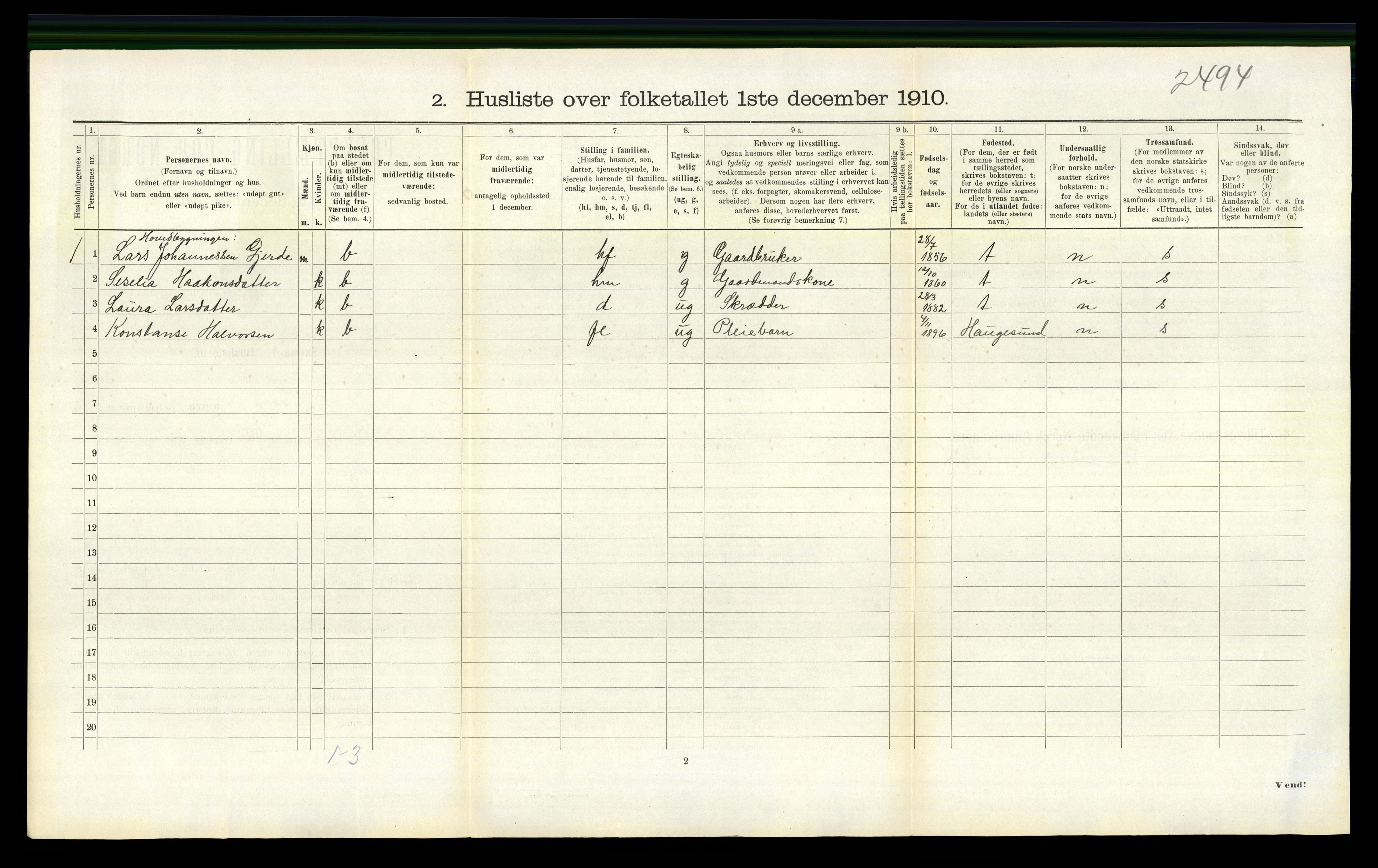 RA, 1910 census for Sveio, 1910, p. 297