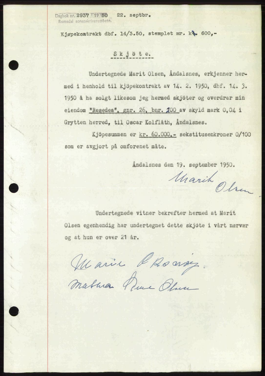 Romsdal sorenskriveri, SAT/A-4149/1/2/2C: Mortgage book no. A34, 1950-1950, Diary no: : 2937/1950