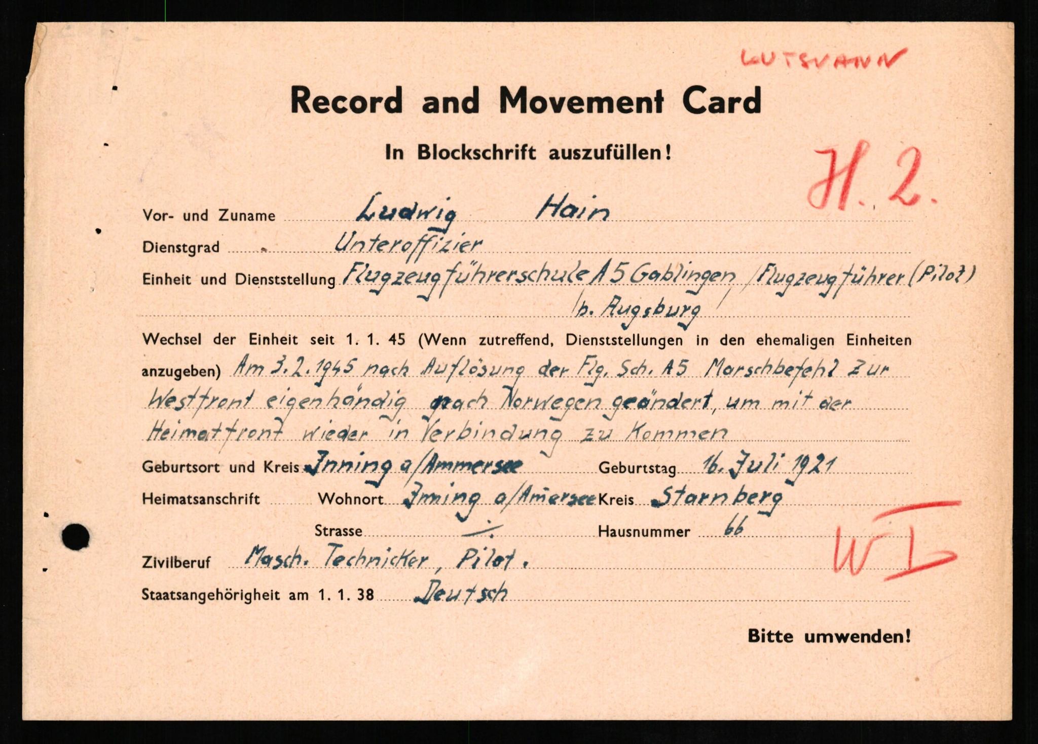 Forsvaret, Forsvarets overkommando II, RA/RAFA-3915/D/Db/L0011: CI Questionaires. Tyske okkupasjonsstyrker i Norge. Tyskere., 1945-1946, p. 320