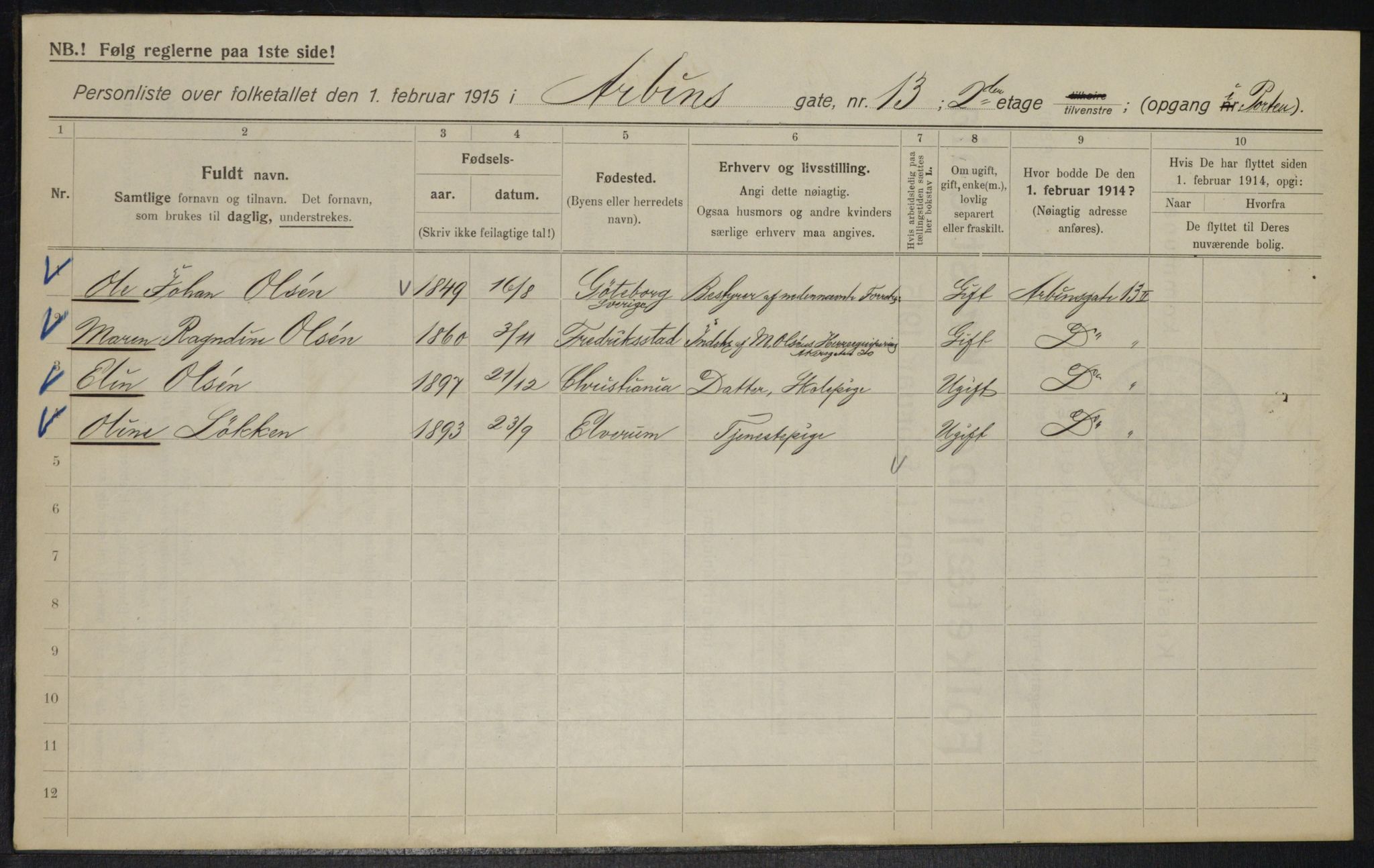 OBA, Municipal Census 1915 for Kristiania, 1915, p. 1651