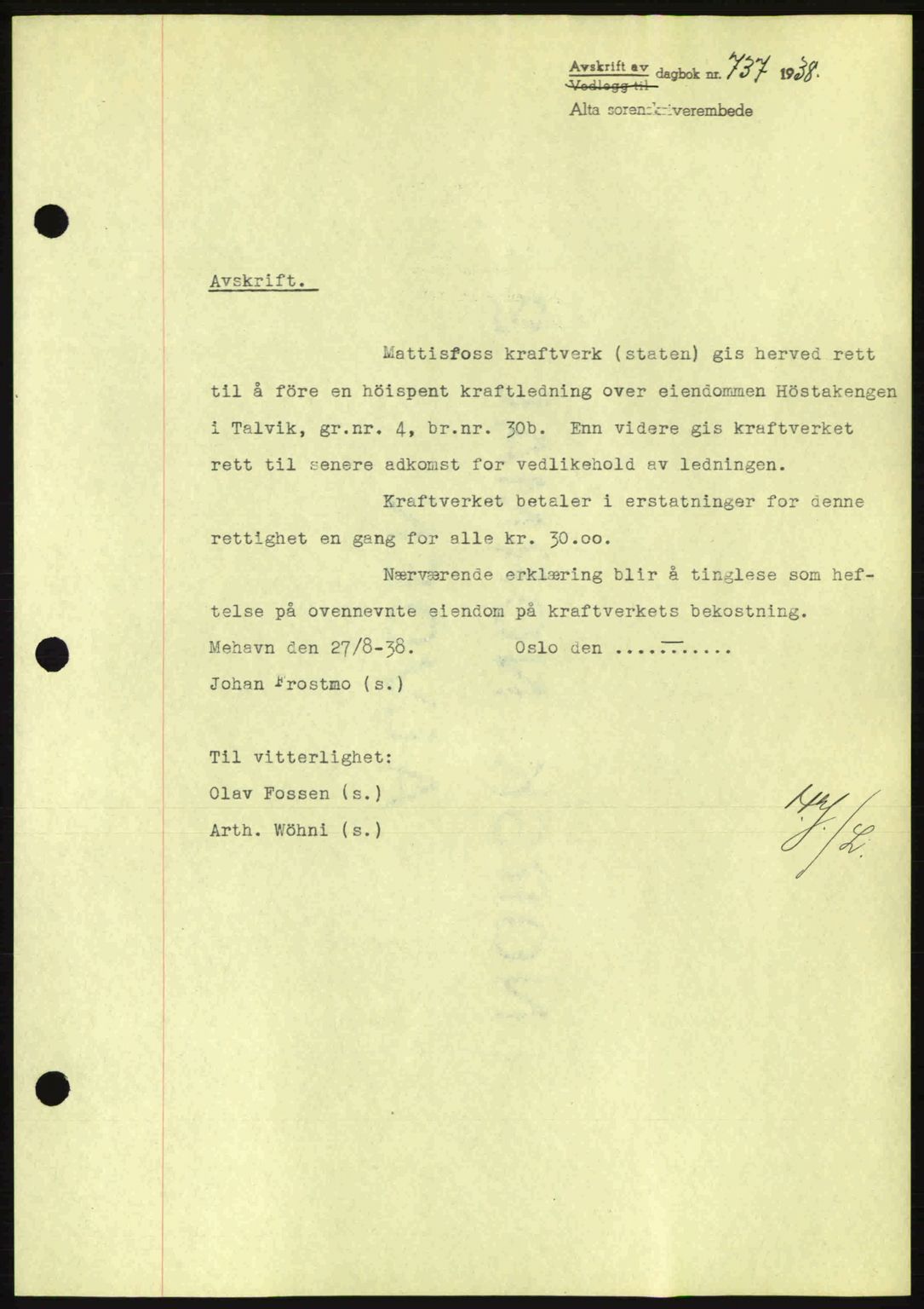 Alta fogderi/sorenskriveri, SATØ/SATØ-5/1/K/Kd/L0031pantebok: Mortgage book no. 31, 1938-1939, Diary no: : 737/1938