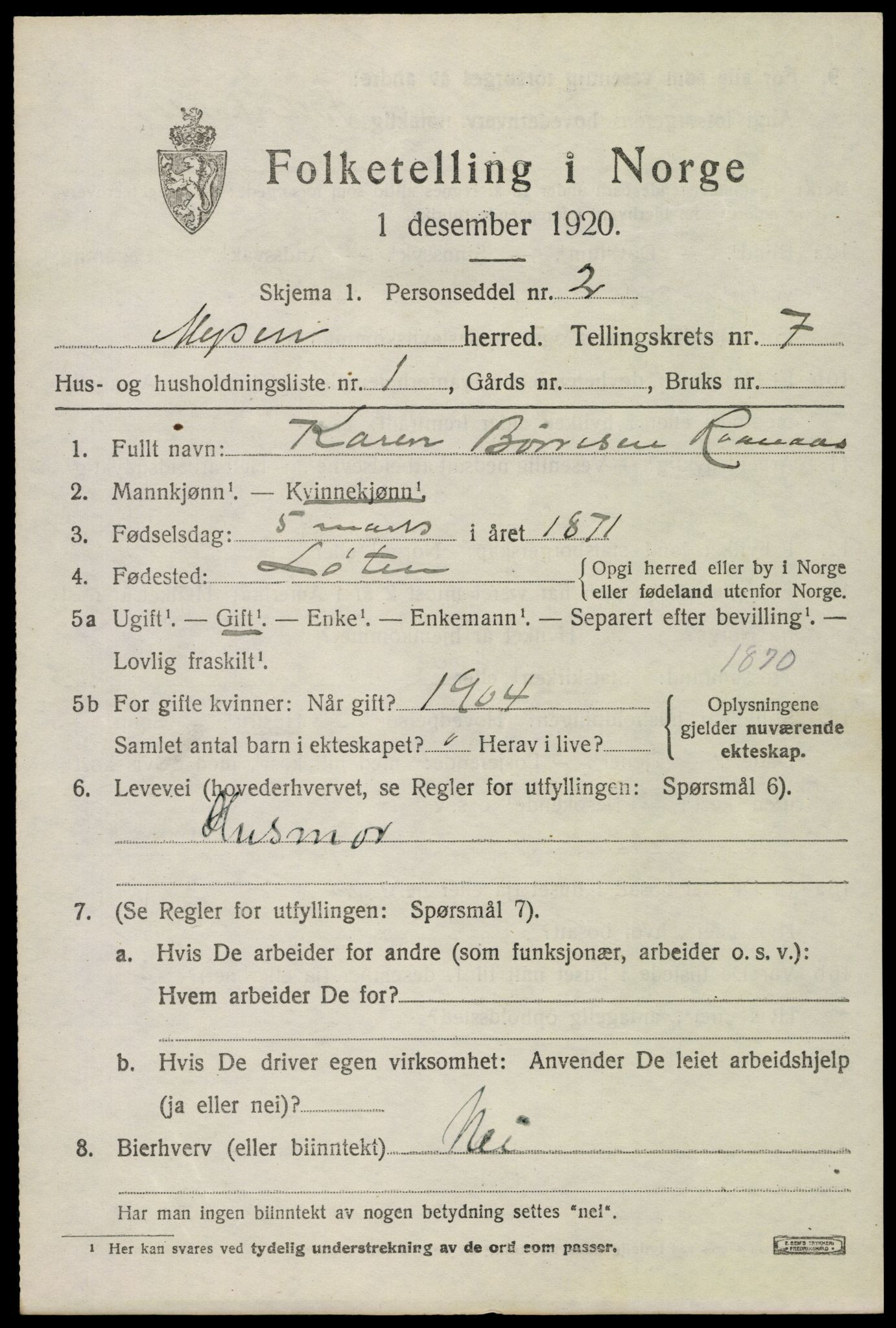 SAO, 1920 census for Mysen, 1920, p. 3255