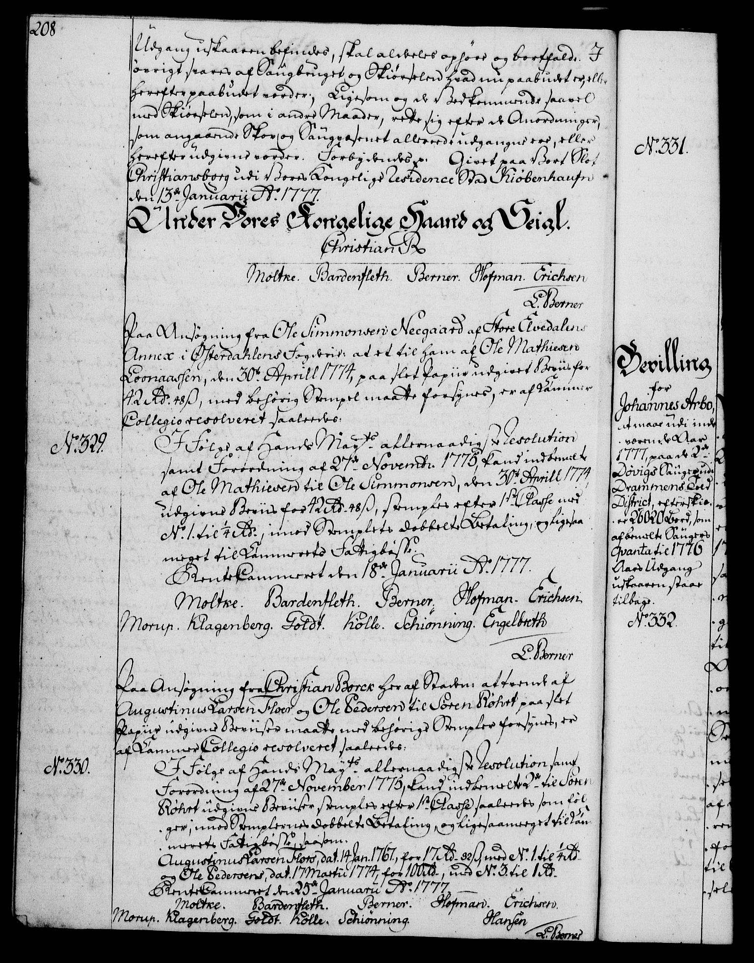 Rentekammeret, Kammerkanselliet, RA/EA-3111/G/Gg/Gga/L0010: Norsk ekspedisjonsprotokoll med register (merket RK 53.10), 1773-1778, p. 208
