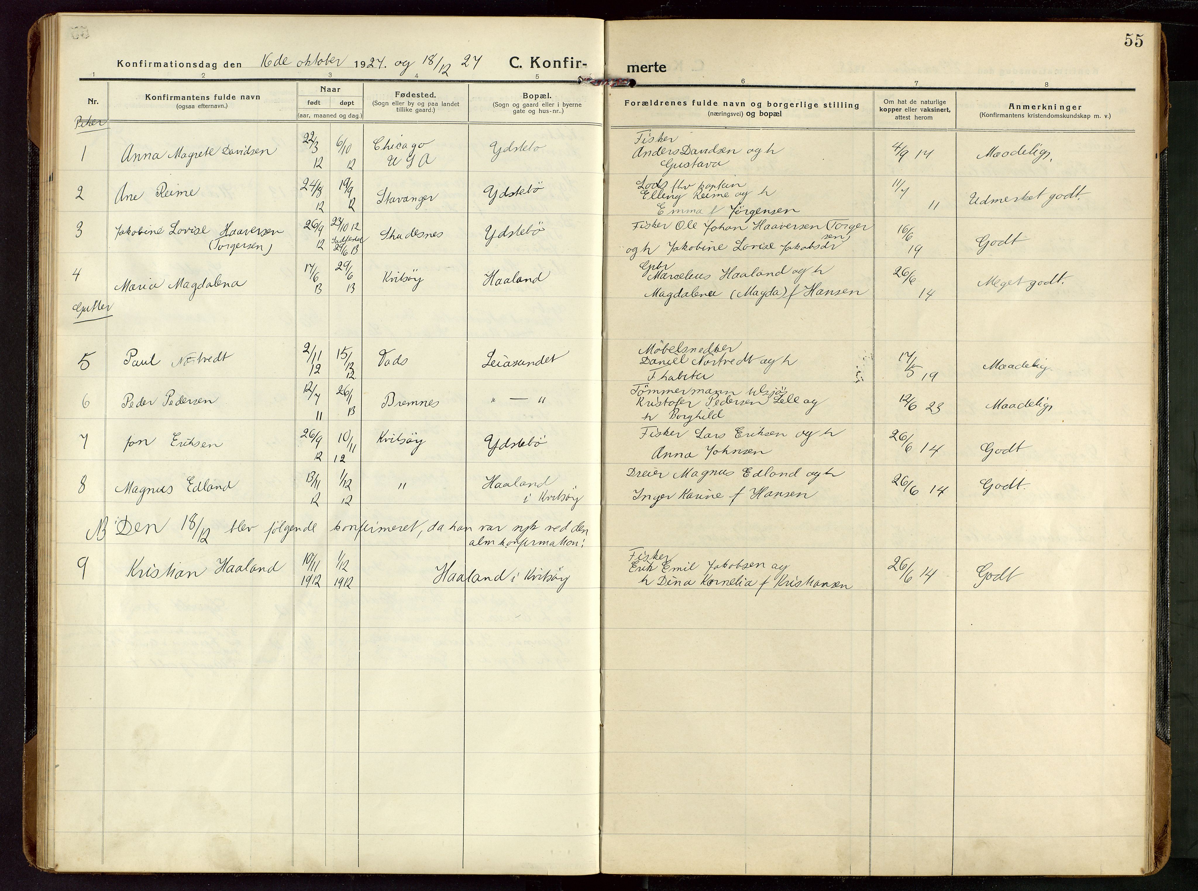 Rennesøy sokneprestkontor, SAST/A -101827/H/Ha/Haa/L0018: Parish register (official) no. A 18, 1917-1937, p. 55