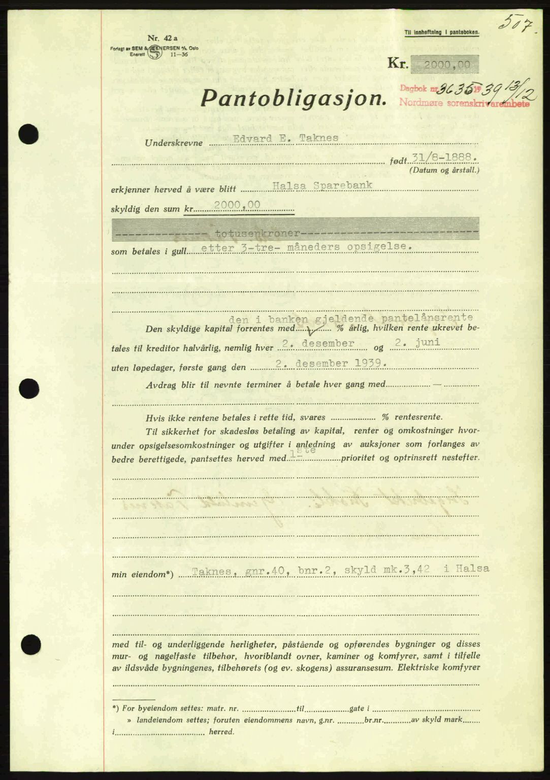 Nordmøre sorenskriveri, AV/SAT-A-4132/1/2/2Ca: Mortgage book no. B86, 1939-1940, Diary no: : 3635/1939