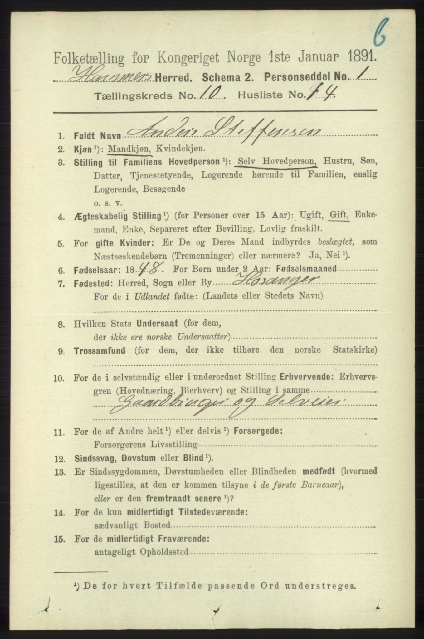 RA, 1891 census for 1254 Hamre, 1891, p. 3115