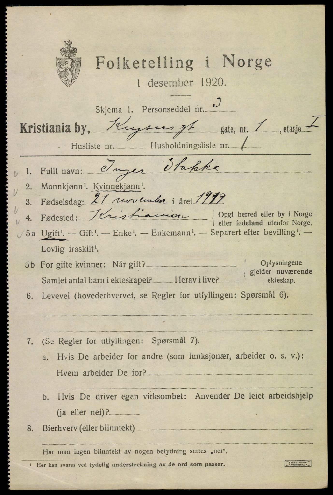 SAO, 1920 census for Kristiania, 1920, p. 331407