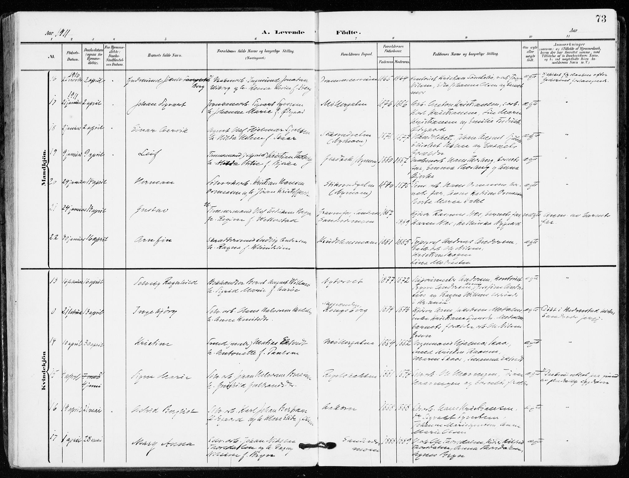 Kongsberg kirkebøker, AV/SAKO-A-22/F/Fb/L0004: Parish register (official) no. II 4, 1906-1918, p. 73