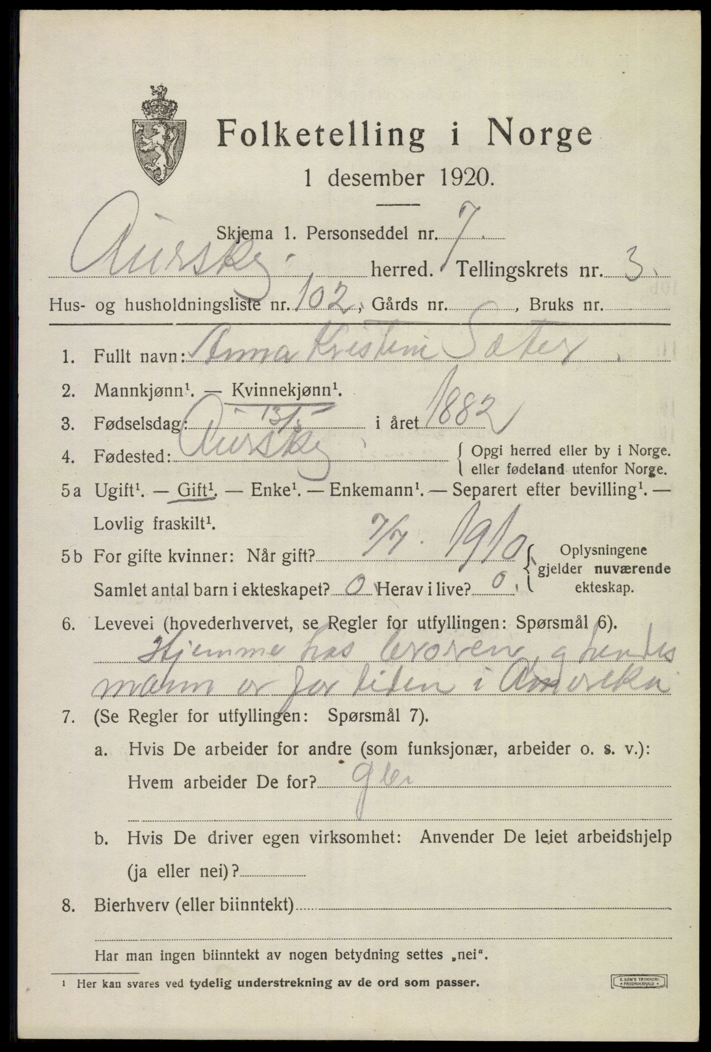 SAO, 1920 census for Aurskog, 1920, p. 4714