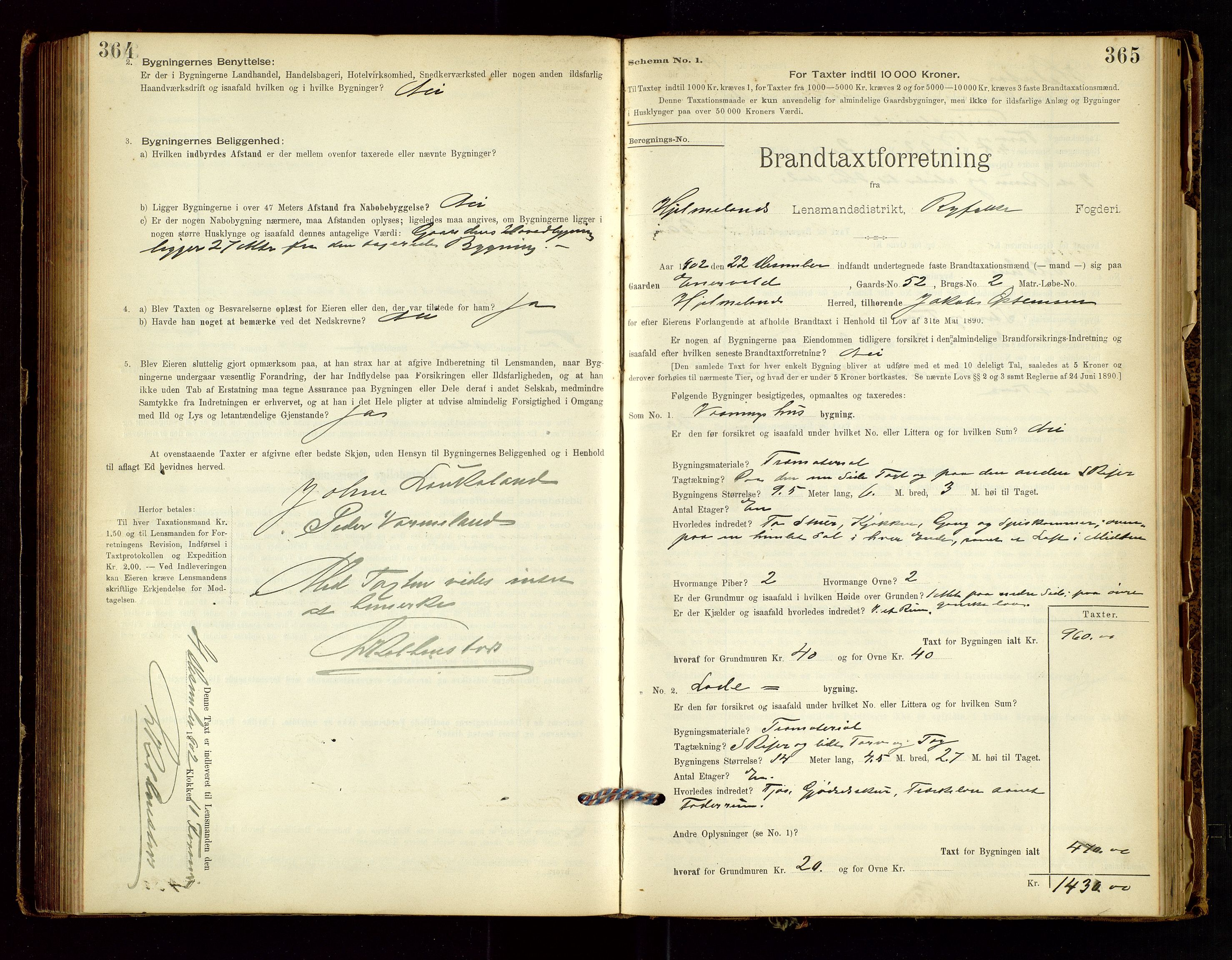 Hjelmeland lensmannskontor, AV/SAST-A-100439/Gob/L0001: "Brandtaxationsprotokol", 1895-1932, p. 364-365