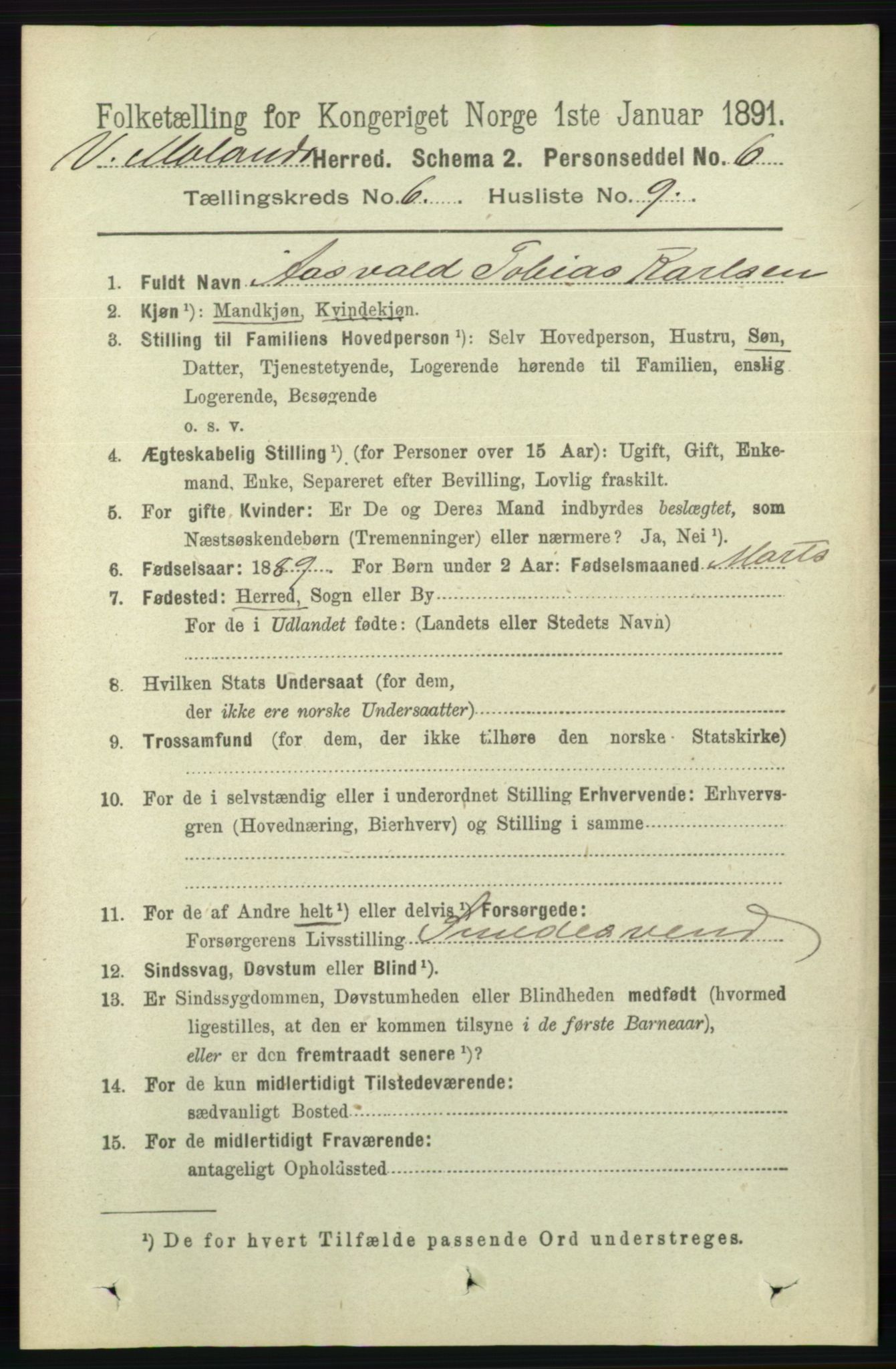 RA, 1891 census for 0926 Vestre Moland, 1891, p. 2389