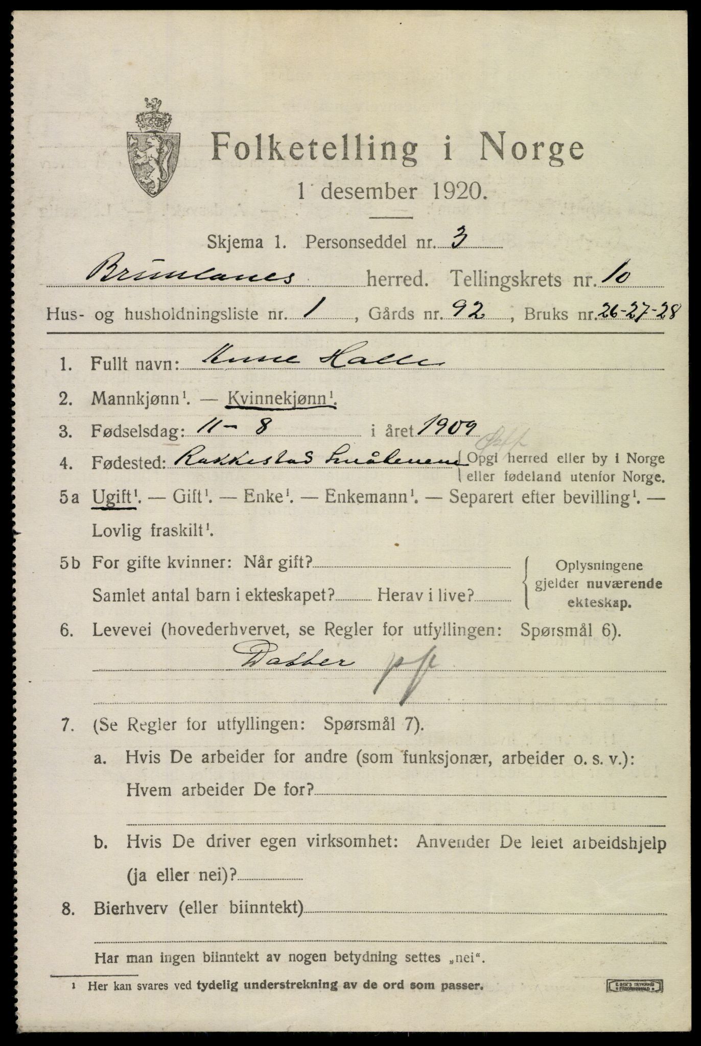 SAKO, 1920 census for Brunlanes, 1920, p. 8611