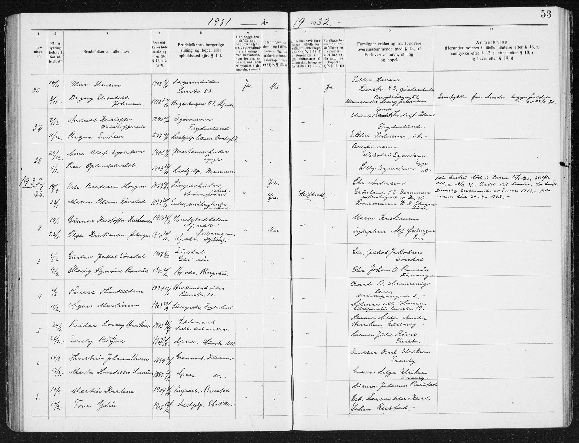 Lier kirkebøker, AV/SAKO-A-230/H/Ha/L0002: Banns register no. 2, 1919-1939, p. 53