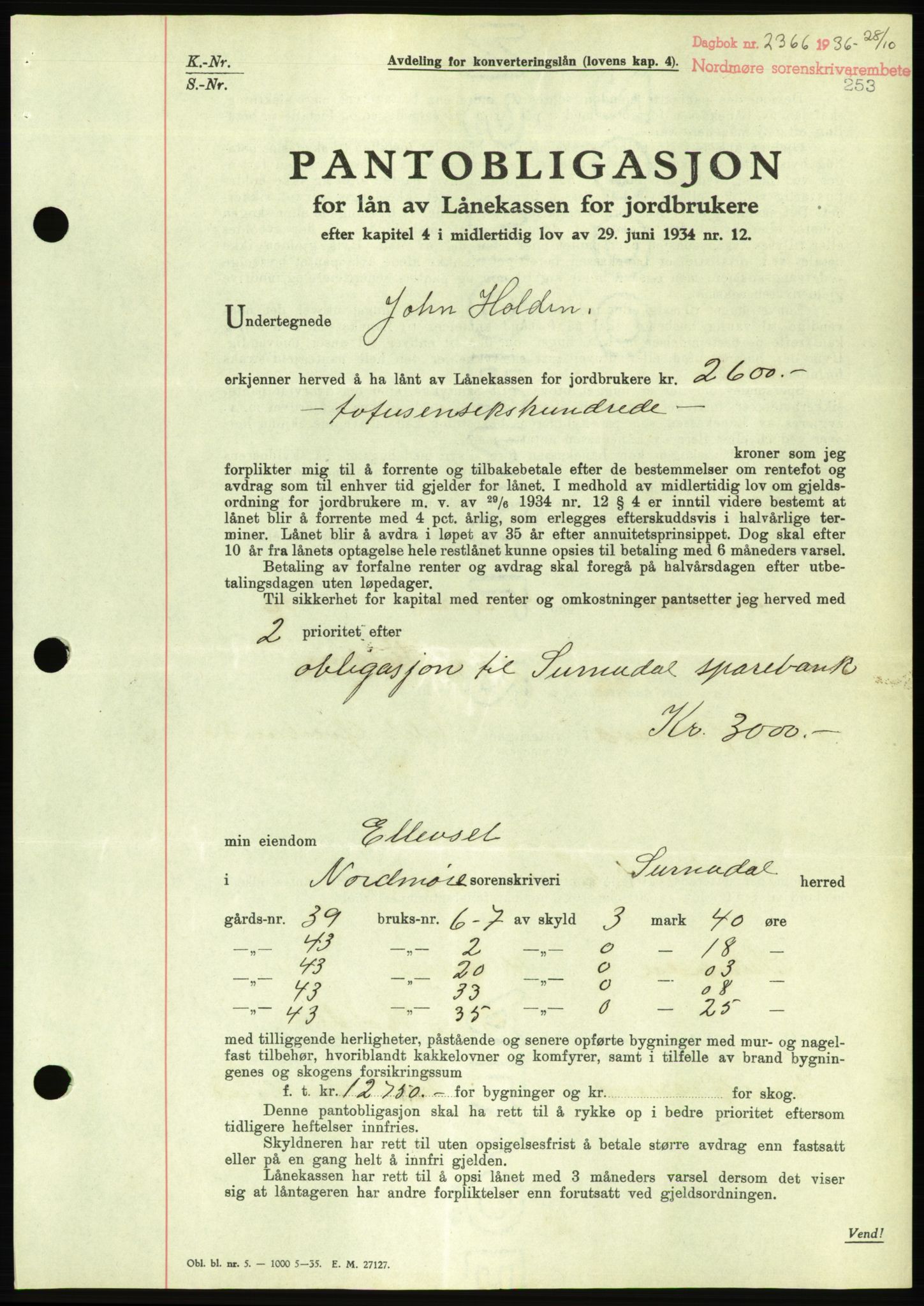 Nordmøre sorenskriveri, AV/SAT-A-4132/1/2/2Ca/L0090: Mortgage book no. B80, 1936-1937, Diary no: : 2366/1936