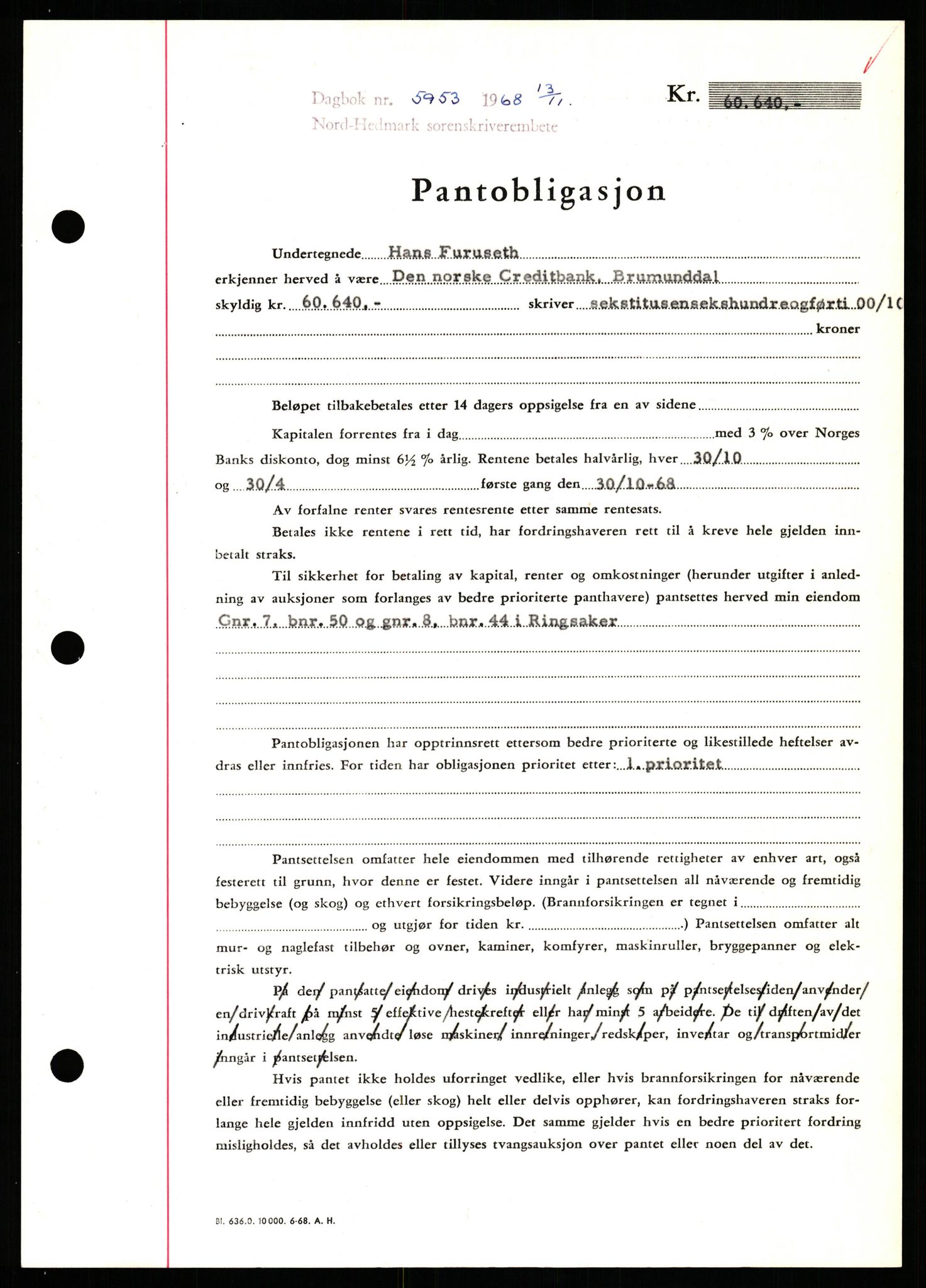 Nord-Hedmark sorenskriveri, SAH/TING-012/H/Hb/Hbf/L0077: Mortgage book no. B77, 1968-1969, Diary no: : 5953/1968