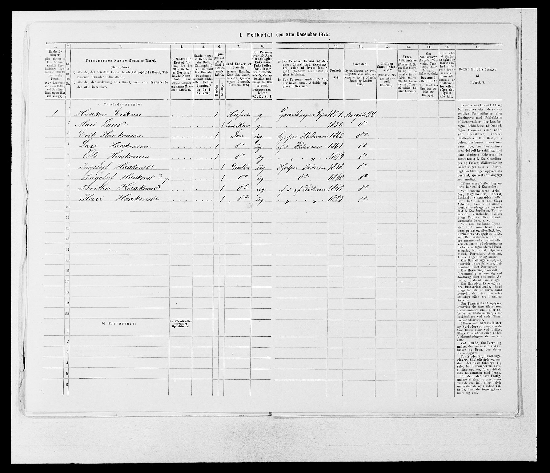 SAB, 1875 census for 1422P Lærdal, 1875, p. 1006