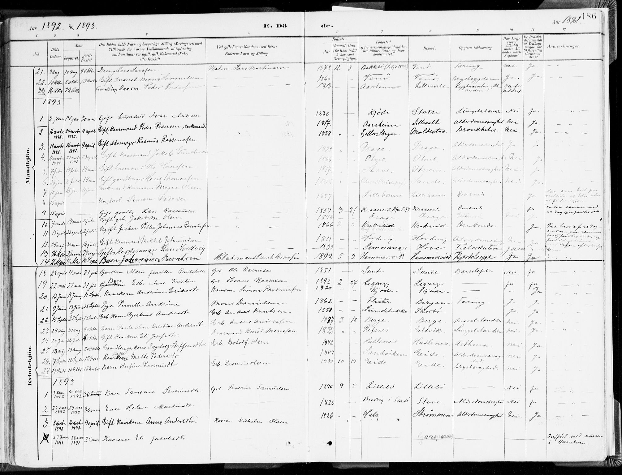 Selje sokneprestembete, SAB/A-99938/H/Ha/Haa/Haab: Parish register (official) no. B 2, 1891-1907, p. 186