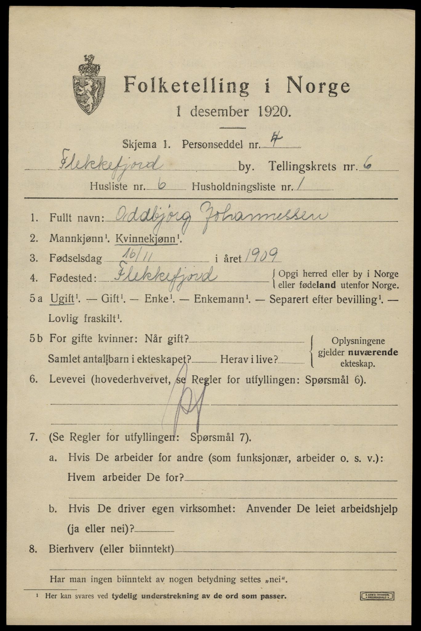 SAK, 1920 census for Flekkefjord, 1920, p. 5818