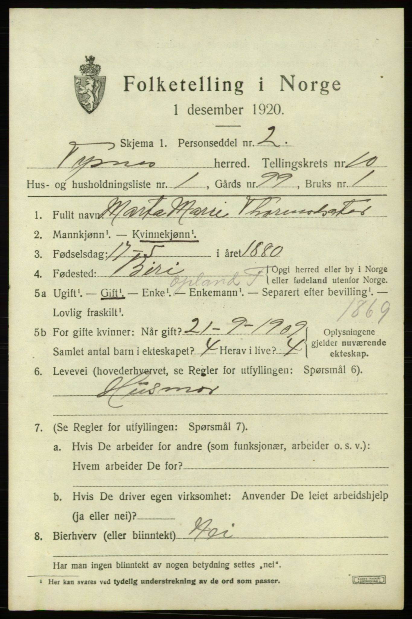 SAB, 1920 census for Tysnes, 1920, p. 7212