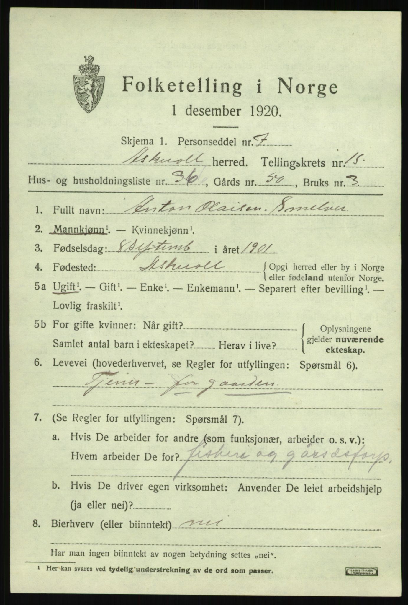 SAB, 1920 census for Askvoll, 1920, p. 5940