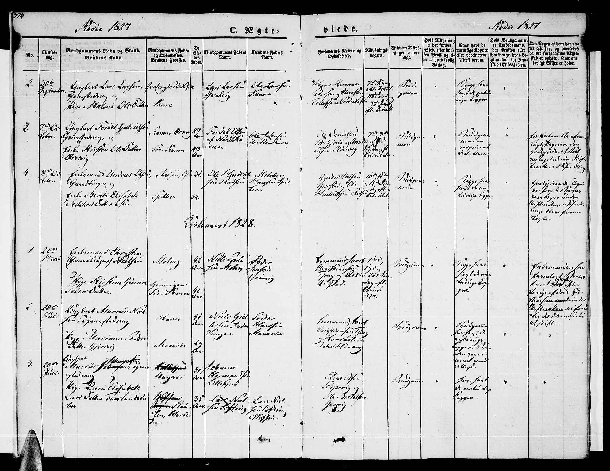 Ministerialprotokoller, klokkerbøker og fødselsregistre - Nordland, SAT/A-1459/841/L0600: Parish register (official) no. 841A07 /1, 1825-1844, p. 374