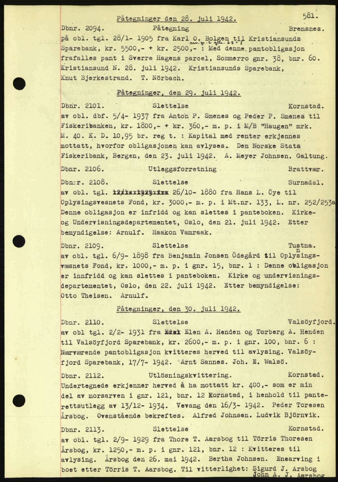 Nordmøre sorenskriveri, AV/SAT-A-4132/1/2/2Ca: Mortgage book no. C81, 1940-1945, Diary no: : 2094/1942