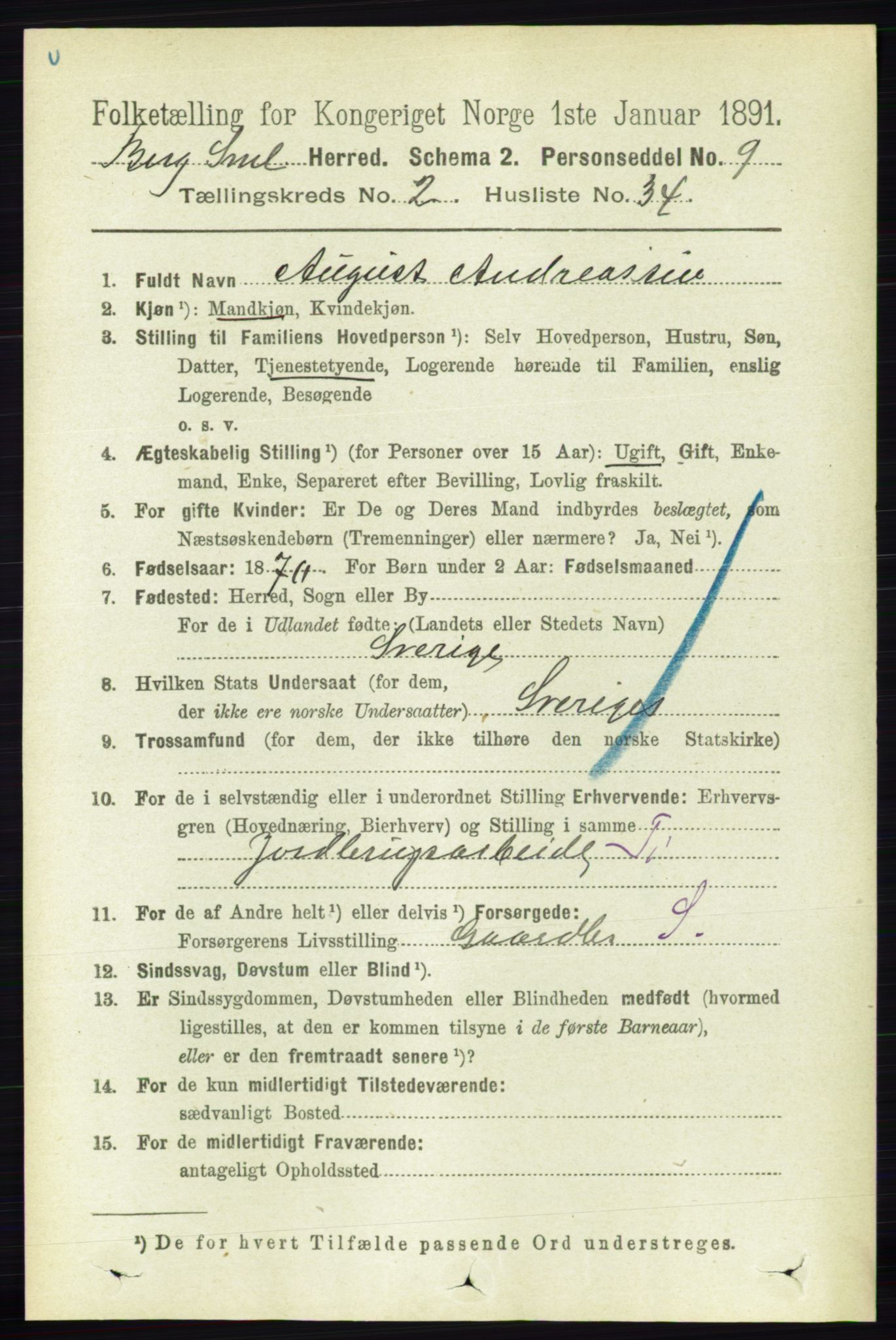 RA, 1891 census for 0116 Berg, 1891, p. 1212