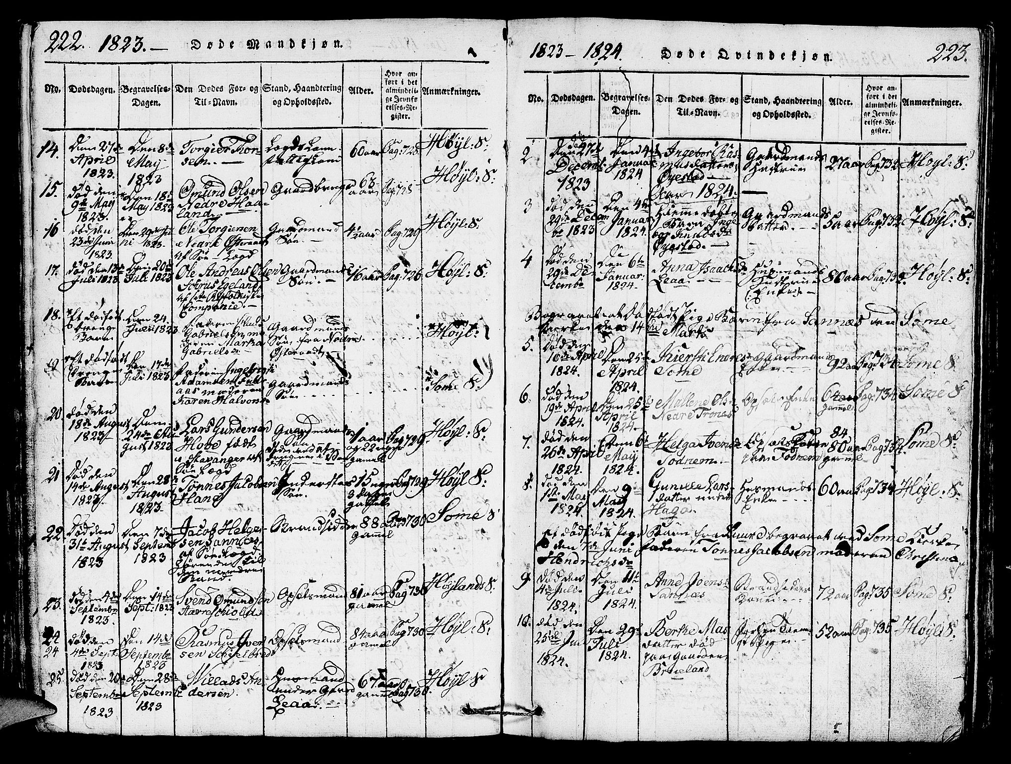 Høyland sokneprestkontor, SAST/A-101799/001/30BA/L0006: Parish register (official) no. A 6, 1815-1825, p. 222-223