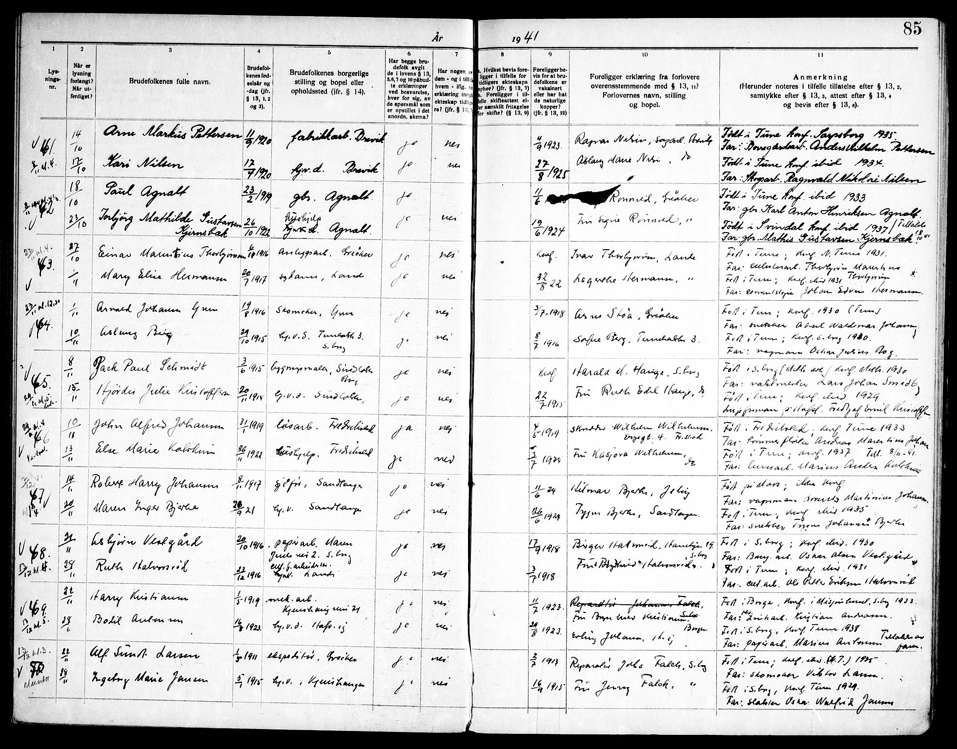 Tune prestekontor Kirkebøker, AV/SAO-A-2007/H/Ha/L0001: Banns register no. I 1, 1919-1946, p. 85