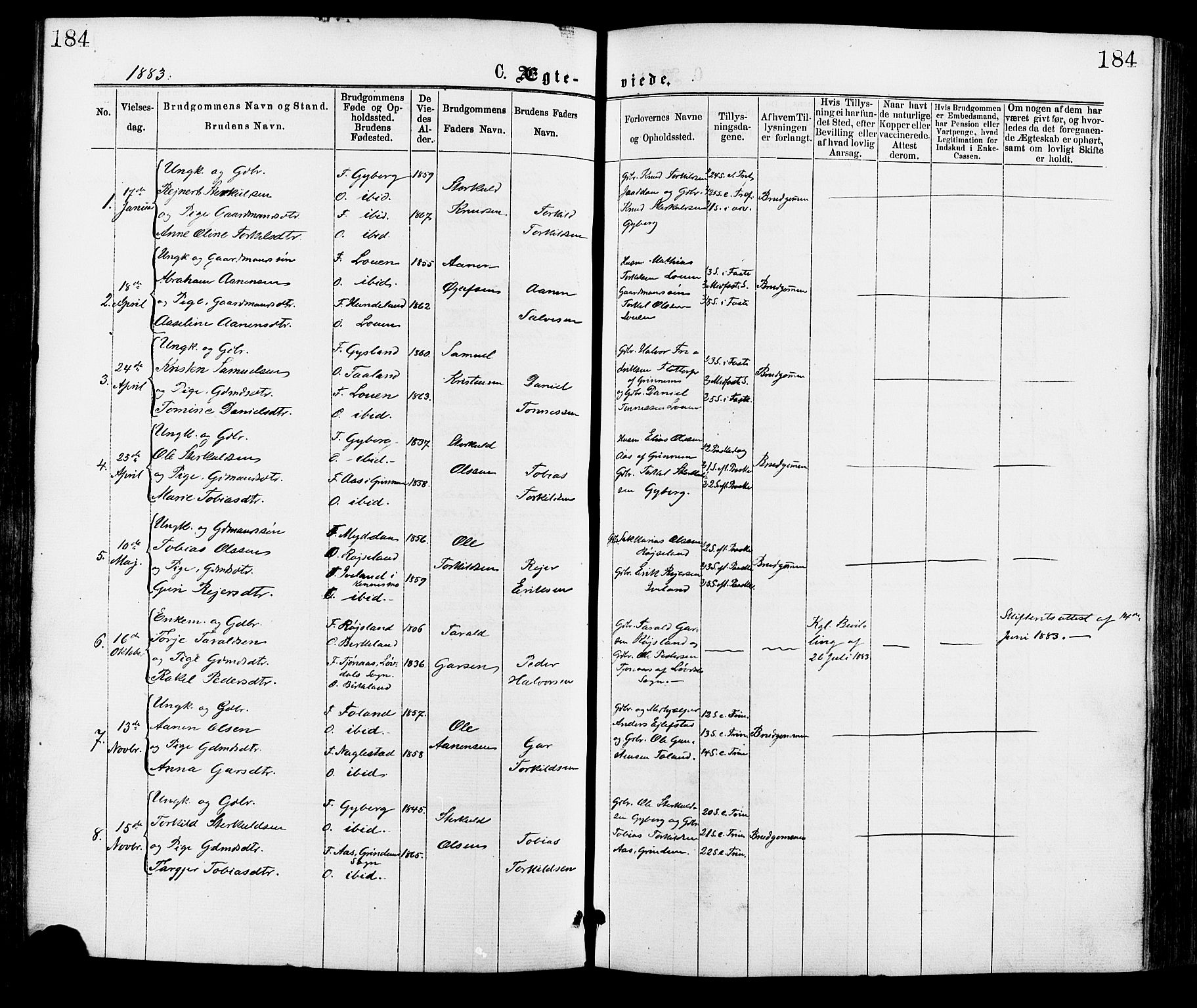 Hægebostad sokneprestkontor, AV/SAK-1111-0024/F/Fa/Faa/L0005: Parish register (official) no. A 5, 1864-1886, p. 184