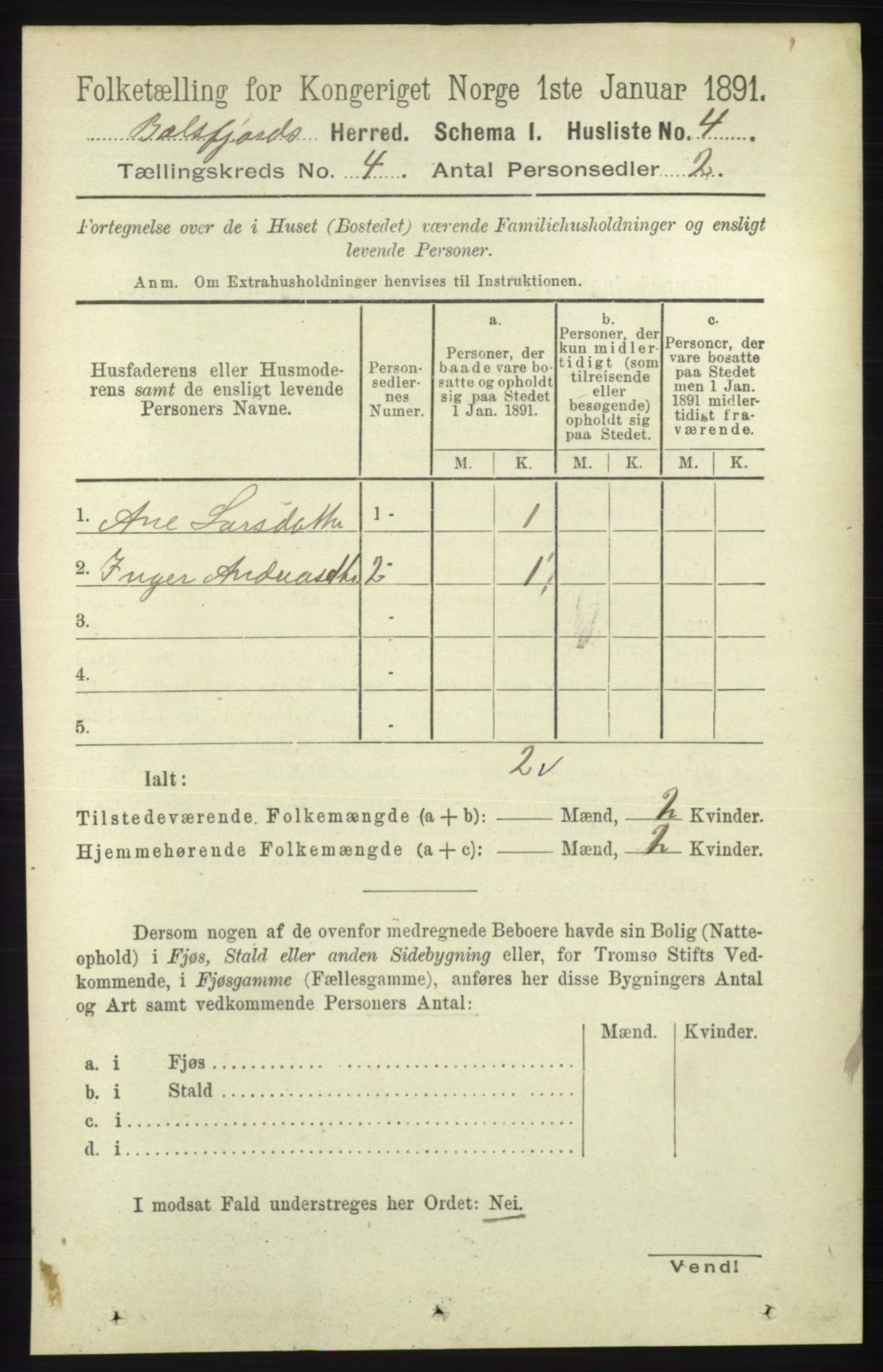 RA, 1891 census for 1933 Balsfjord, 1891, p. 1085