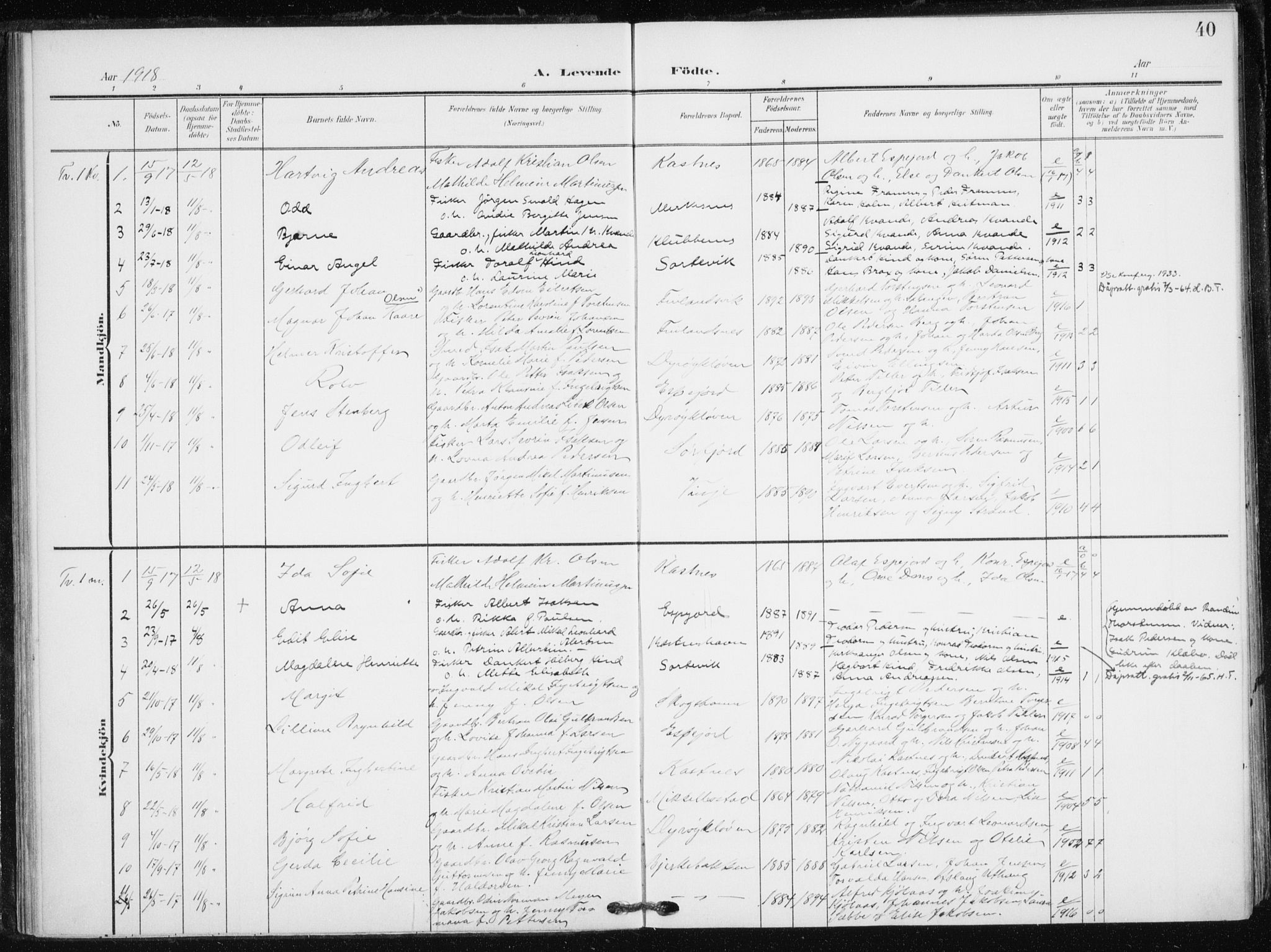 Tranøy sokneprestkontor, SATØ/S-1313/I/Ia/Iaa/L0013kirke: Parish register (official) no. 13, 1905-1922, p. 40
