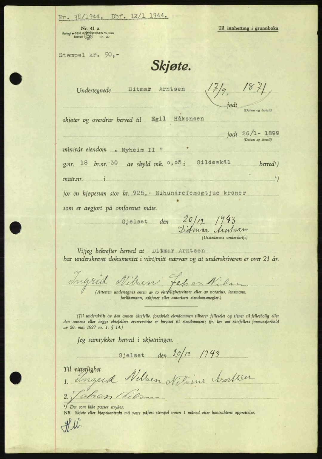 Salten sorenskriveri, AV/SAT-A-4578/1/2/2C: Mortgage book no. A14-15, 1943-1945, Diary no: : 38/1944