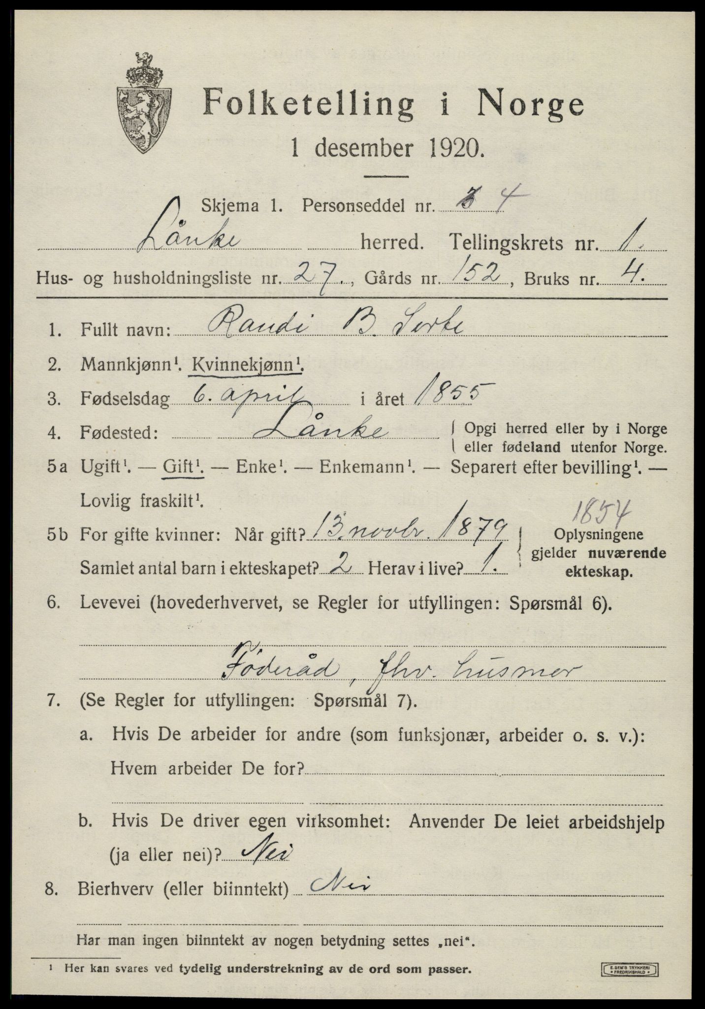 SAT, 1920 census for Lånke, 1920, p. 858