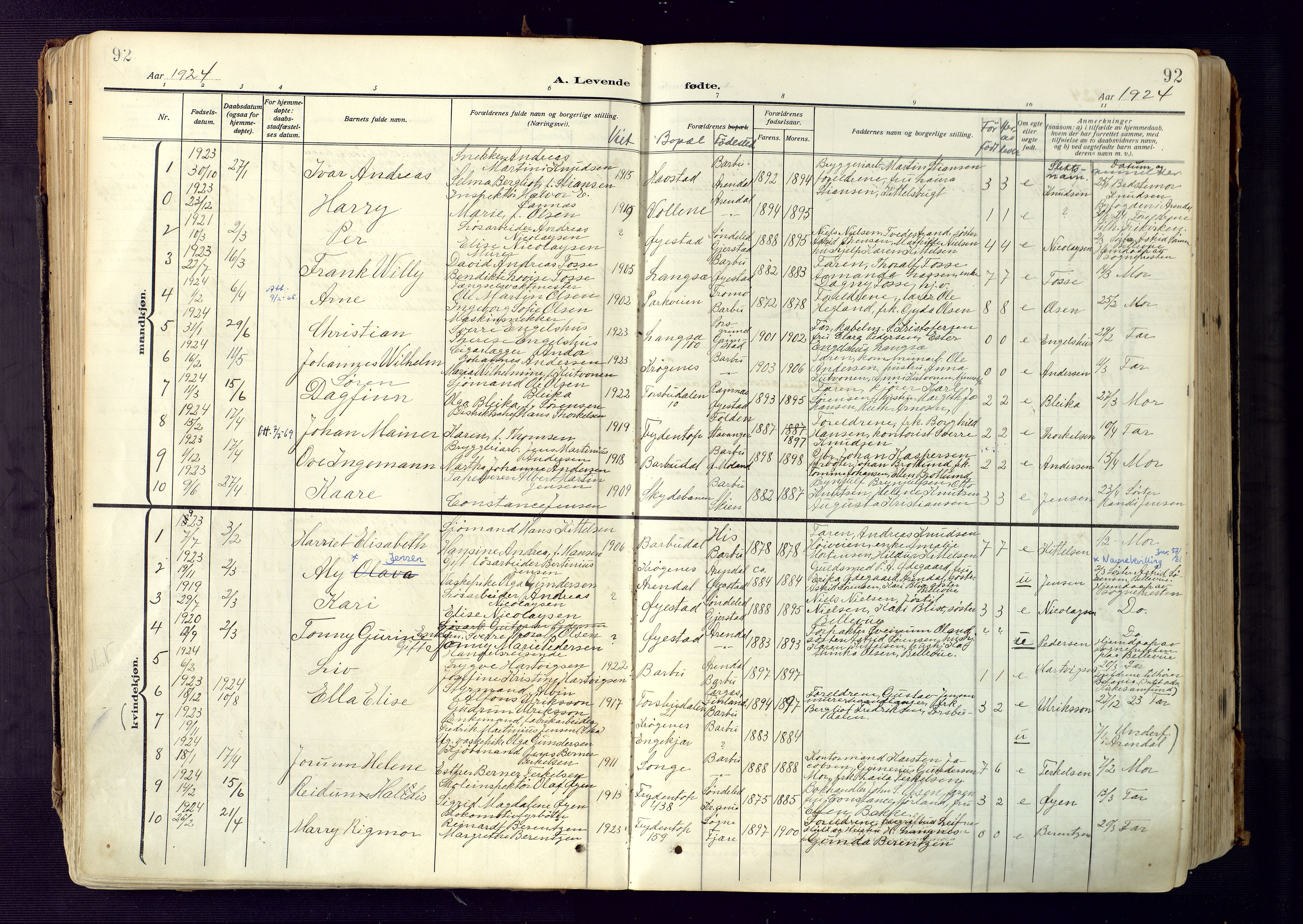 Barbu sokneprestkontor, SAK/1111-0003/F/Fa/L0006: Parish register (official) no. A 6, 1910-1929, p. 92
