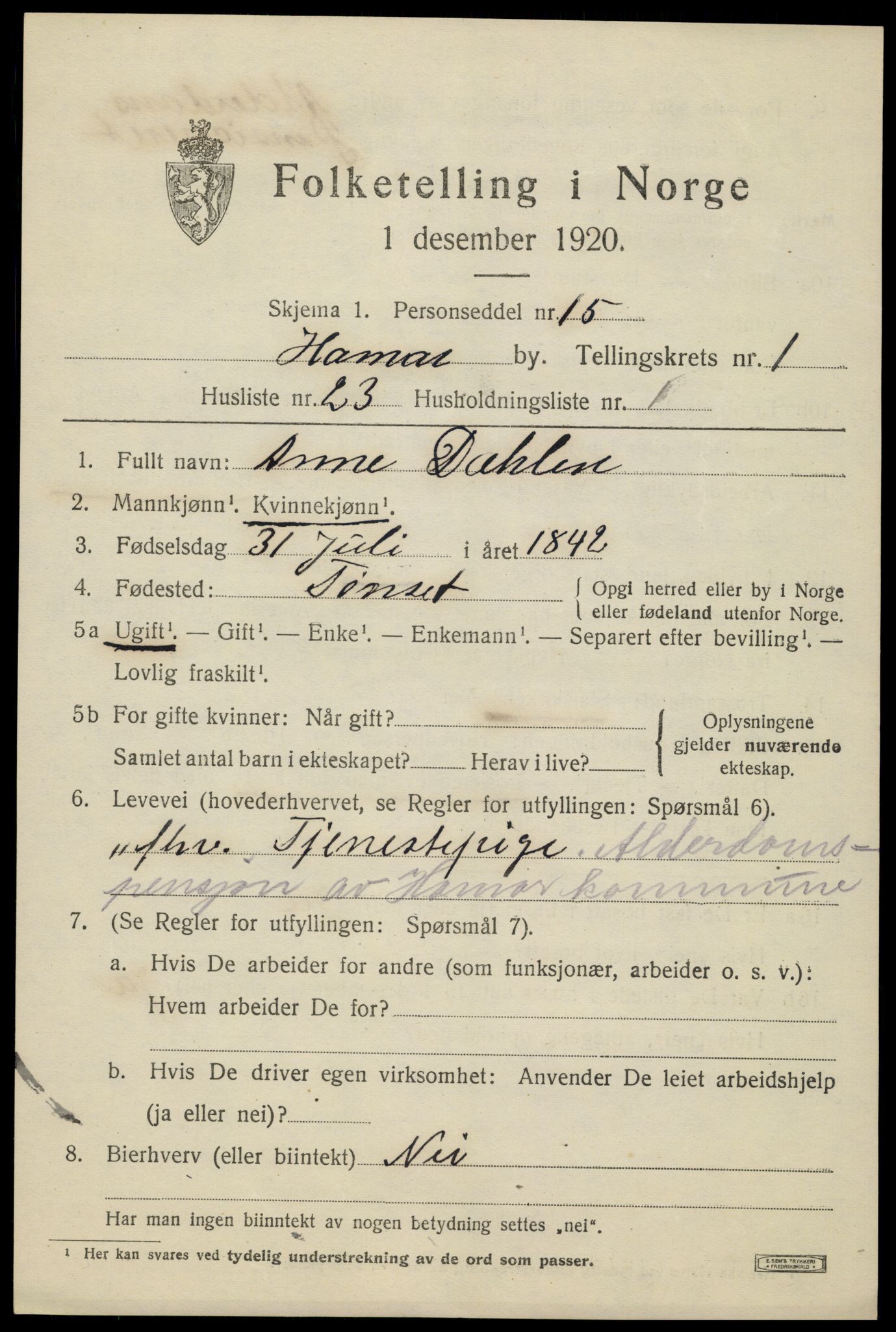SAH, 1920 census for Hamar, 1920, p. 4719