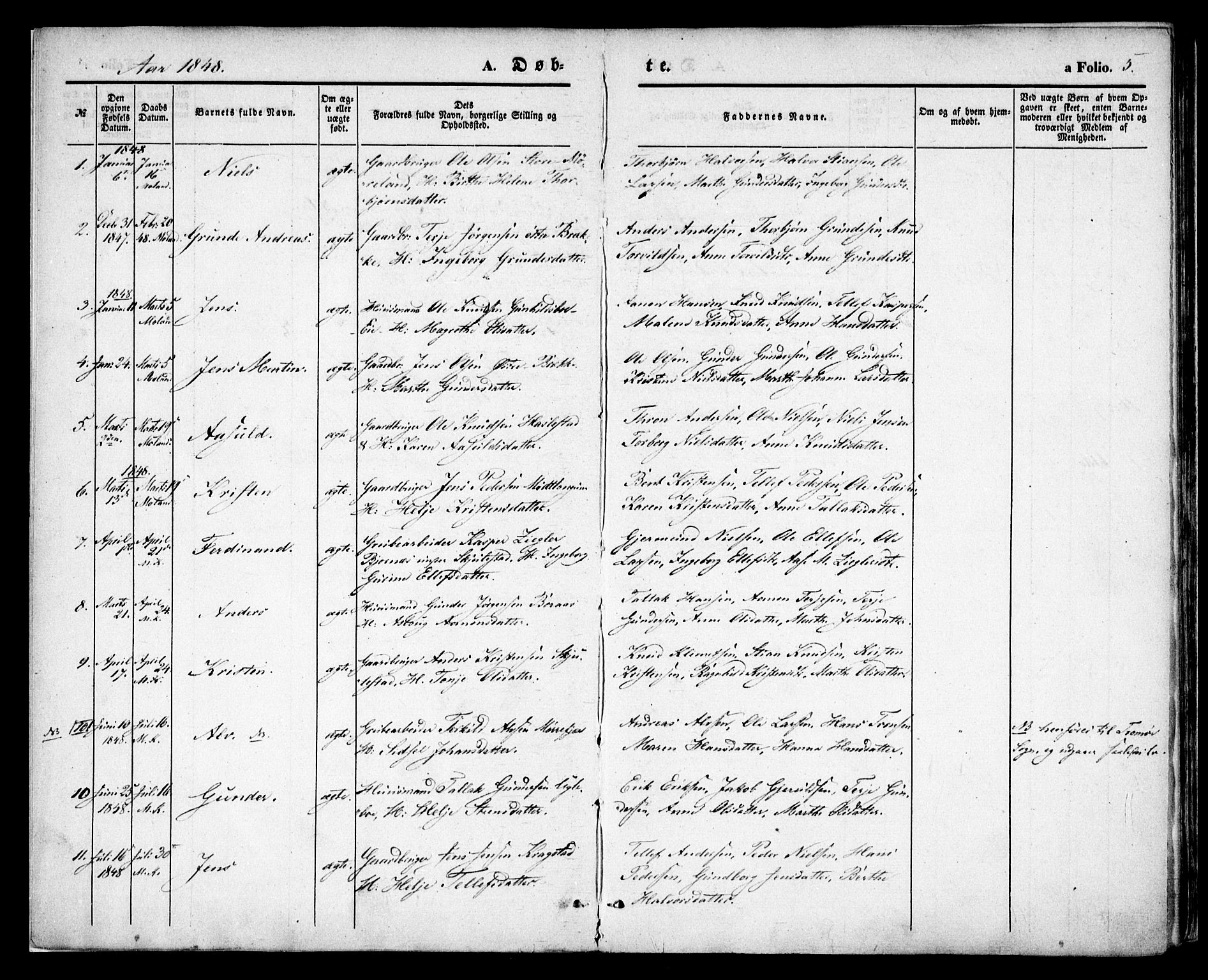 Austre Moland sokneprestkontor, SAK/1111-0001/F/Fa/Faa/L0007: Parish register (official) no. A 7, 1847-1857, p. 5