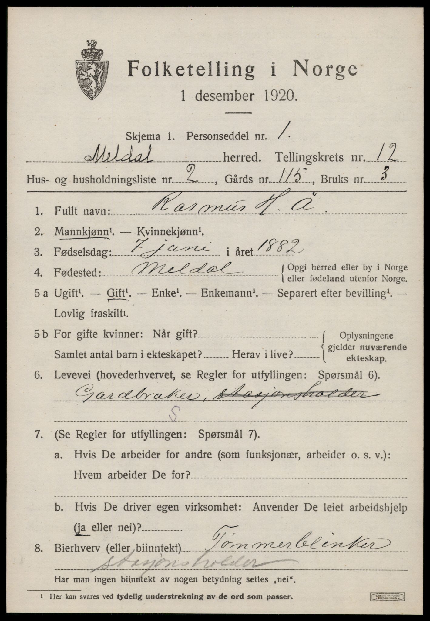 SAT, 1920 census for Meldal, 1920, p. 9149