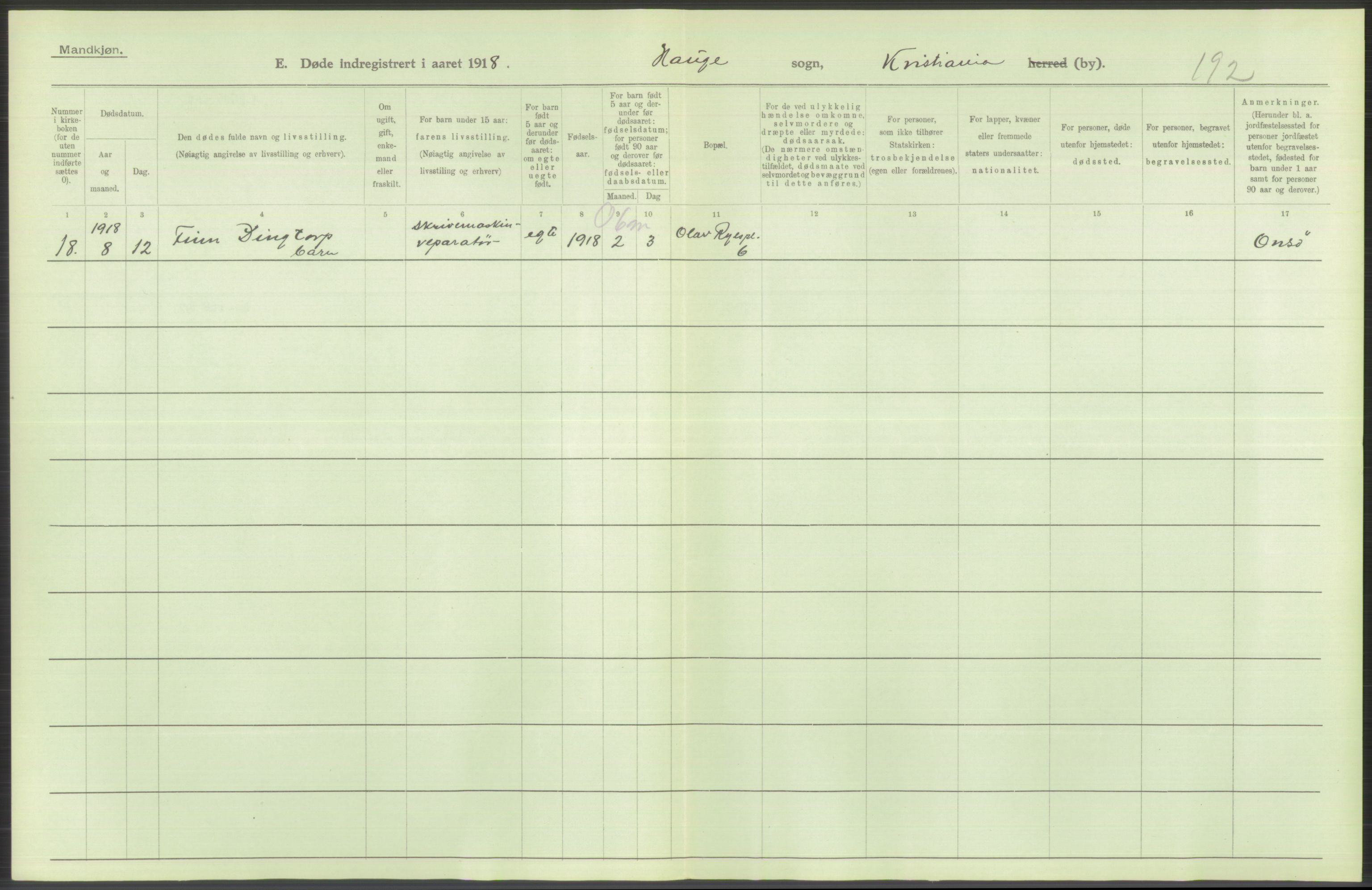 Statistisk sentralbyrå, Sosiodemografiske emner, Befolkning, AV/RA-S-2228/D/Df/Dfb/Dfbh/L0010: Kristiania: Døde, 1918, p. 742