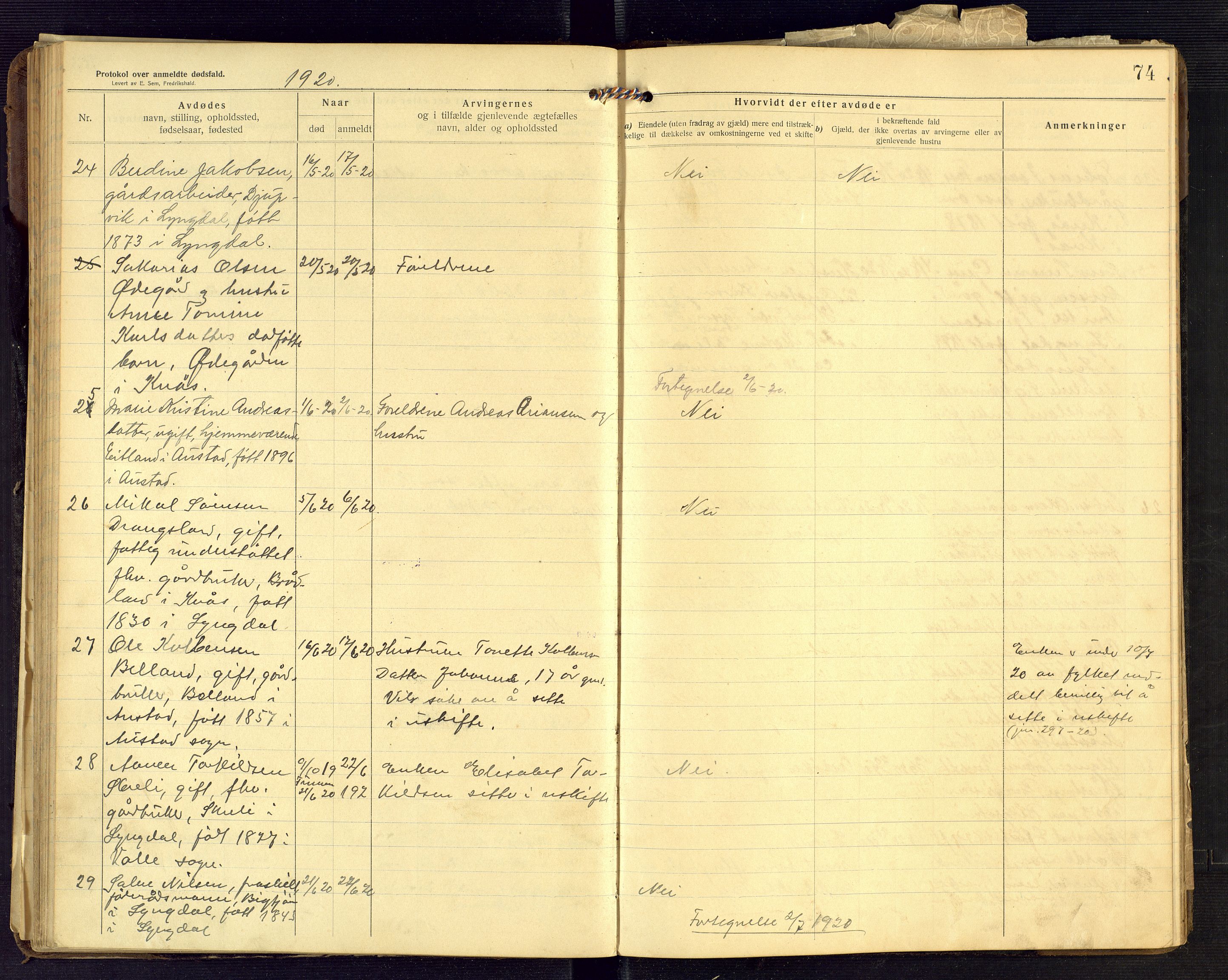 Lyngdal lensmannskontor, AV/SAK-1241-0031/F/Fe/L0001/0003: Dødsfall nr 8 / Dødsfallsprotokoll, 1914-1923, p. 74