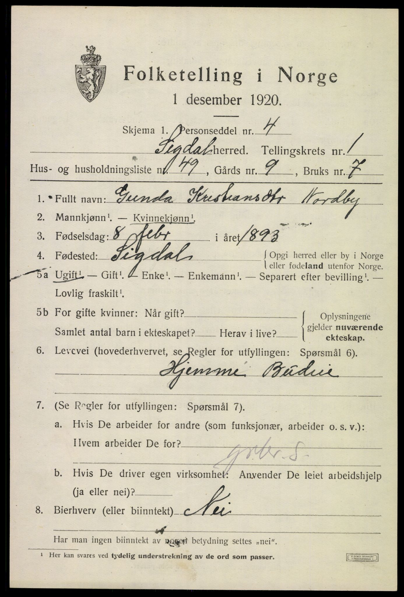 SAKO, 1920 census for Sigdal, 1920, p. 2004