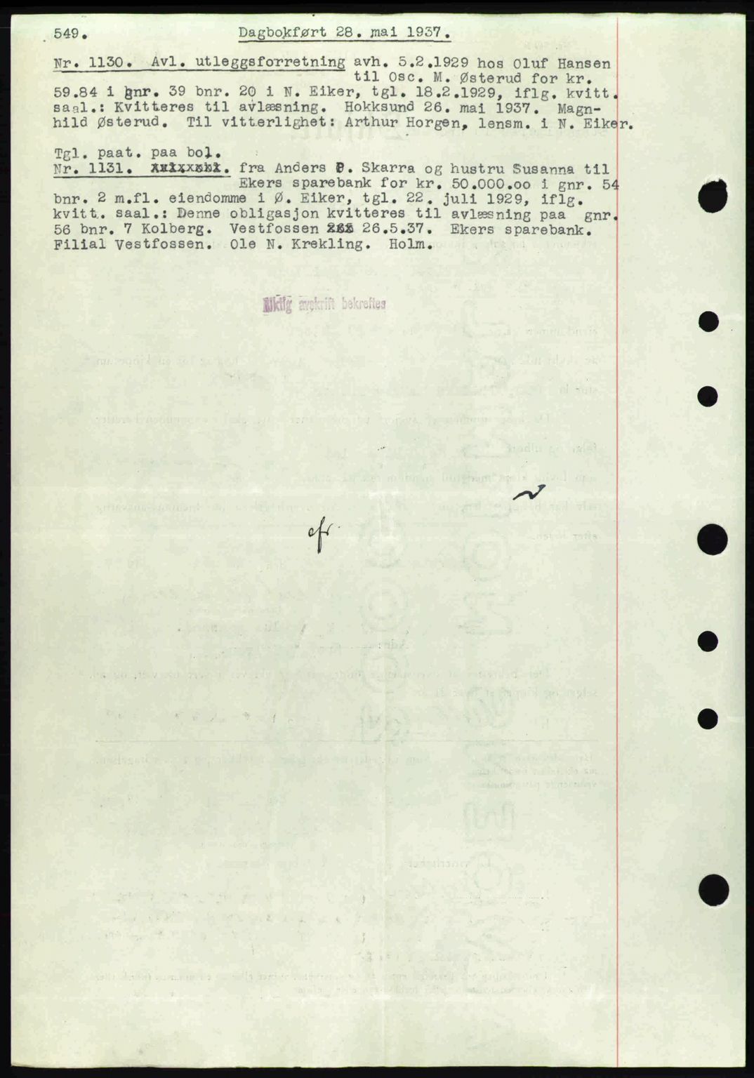 Eiker, Modum og Sigdal sorenskriveri, SAKO/A-123/G/Ga/Gab/L0035: Mortgage book no. A5, 1937-1937, Diary no: : 1130/1937